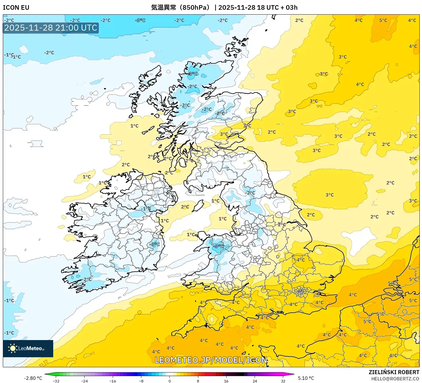 ICON model - イギリス, 気温異常（850hPa）
