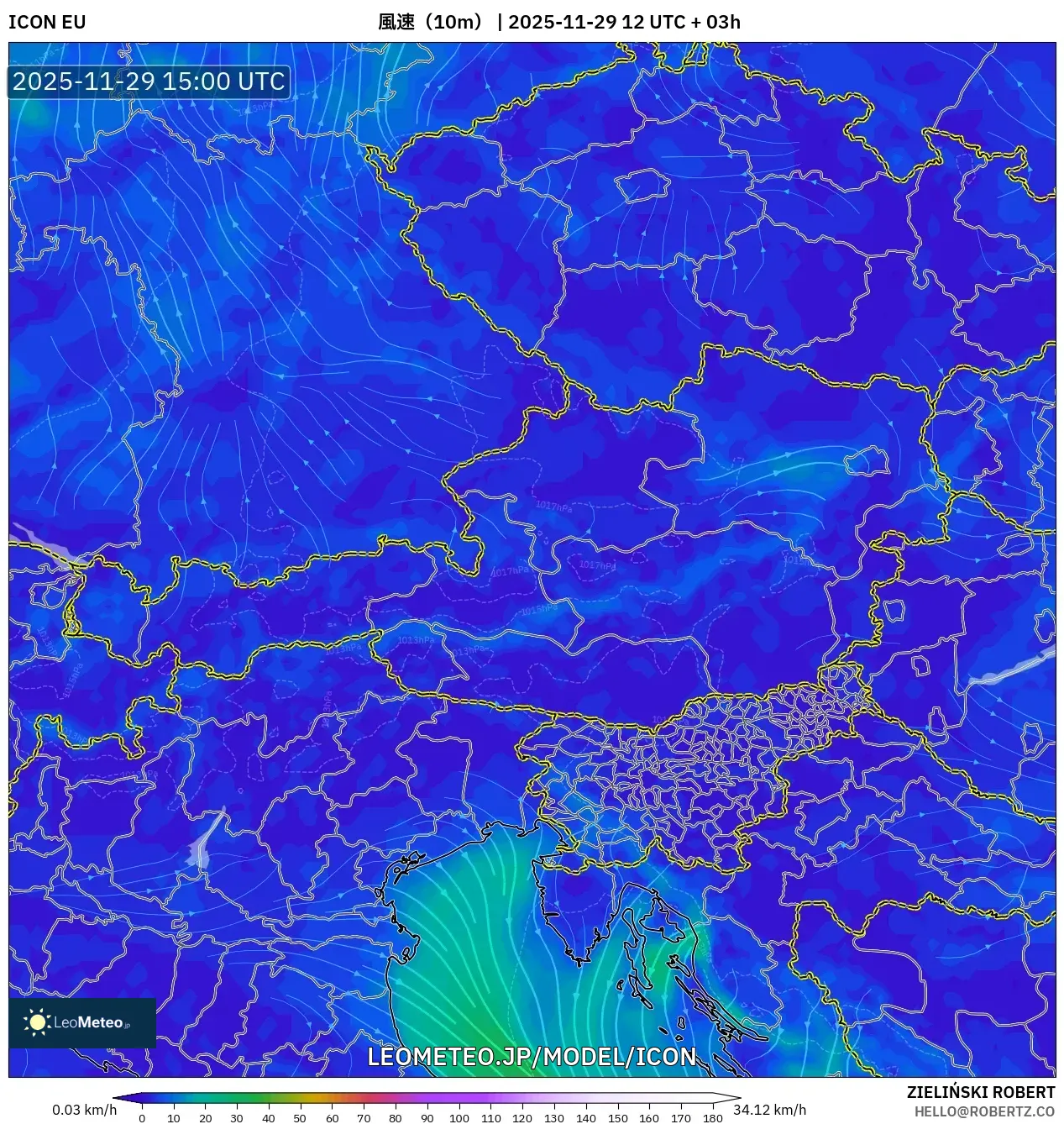 ICON model - オーストリア, 風速（10m）