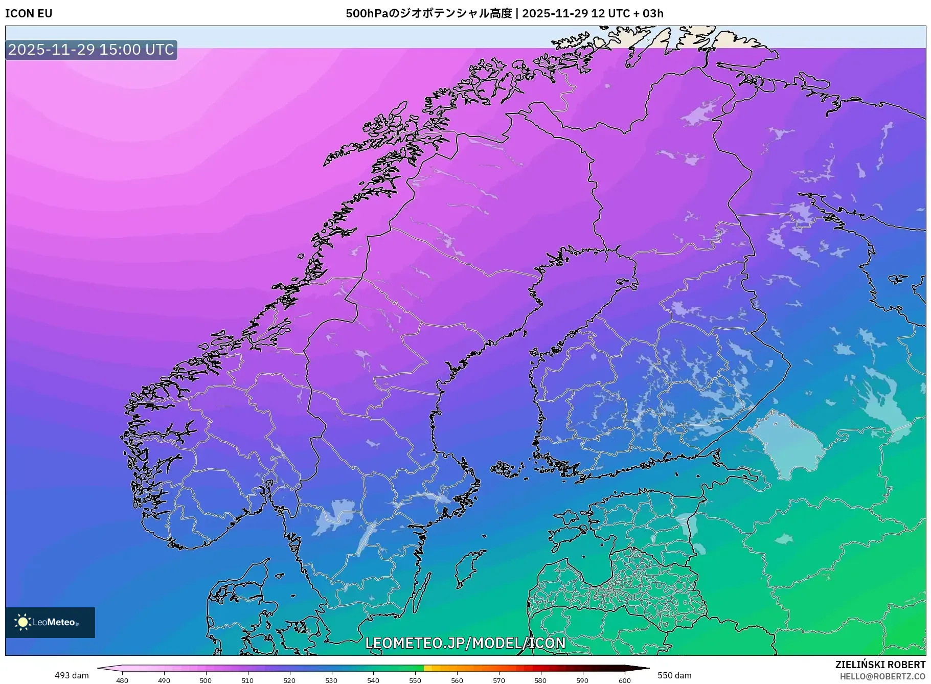 ICON model - スカンジナビア, 500hPaのジオポテンシャル高度