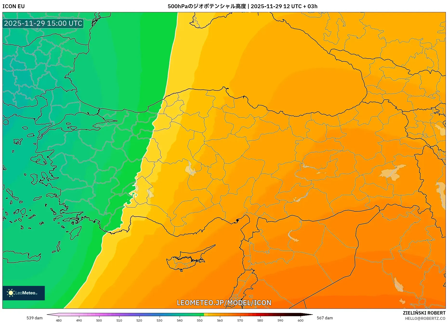 ICON model - トルコ, 500hPaのジオポテンシャル高度