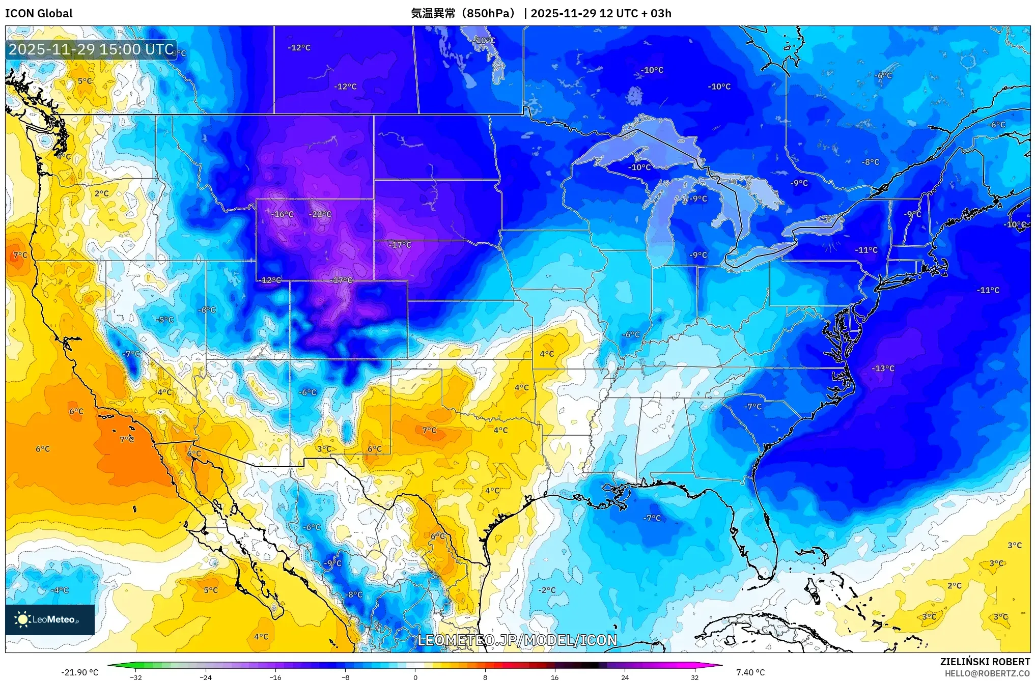 ICON model - アメリカ合衆国, 気温異常（850hPa）