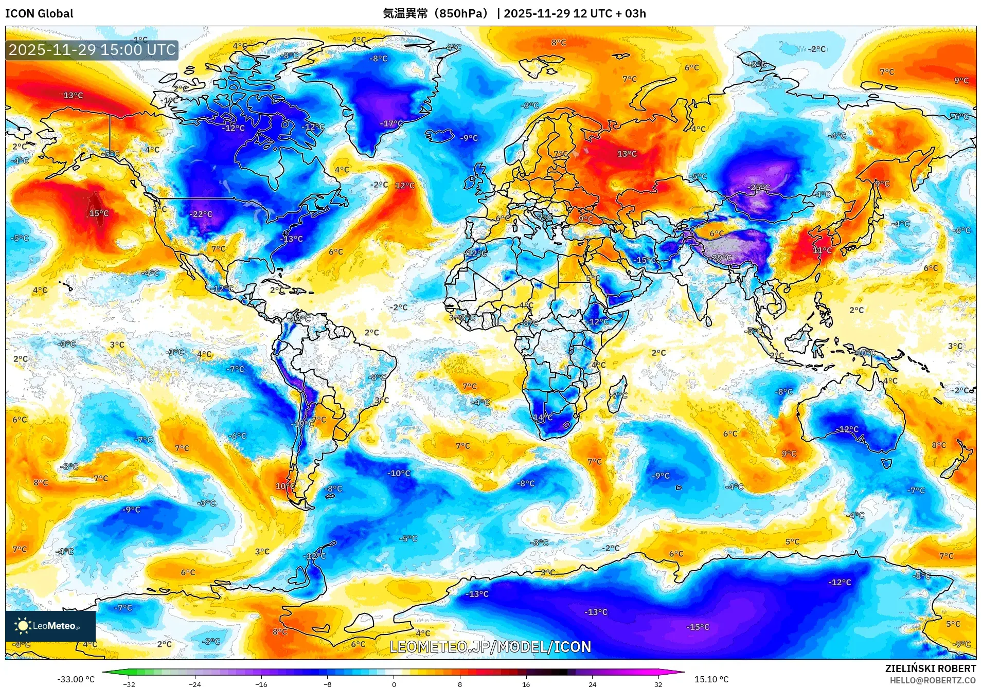 ICON model - 世界, 気温異常（850hPa）