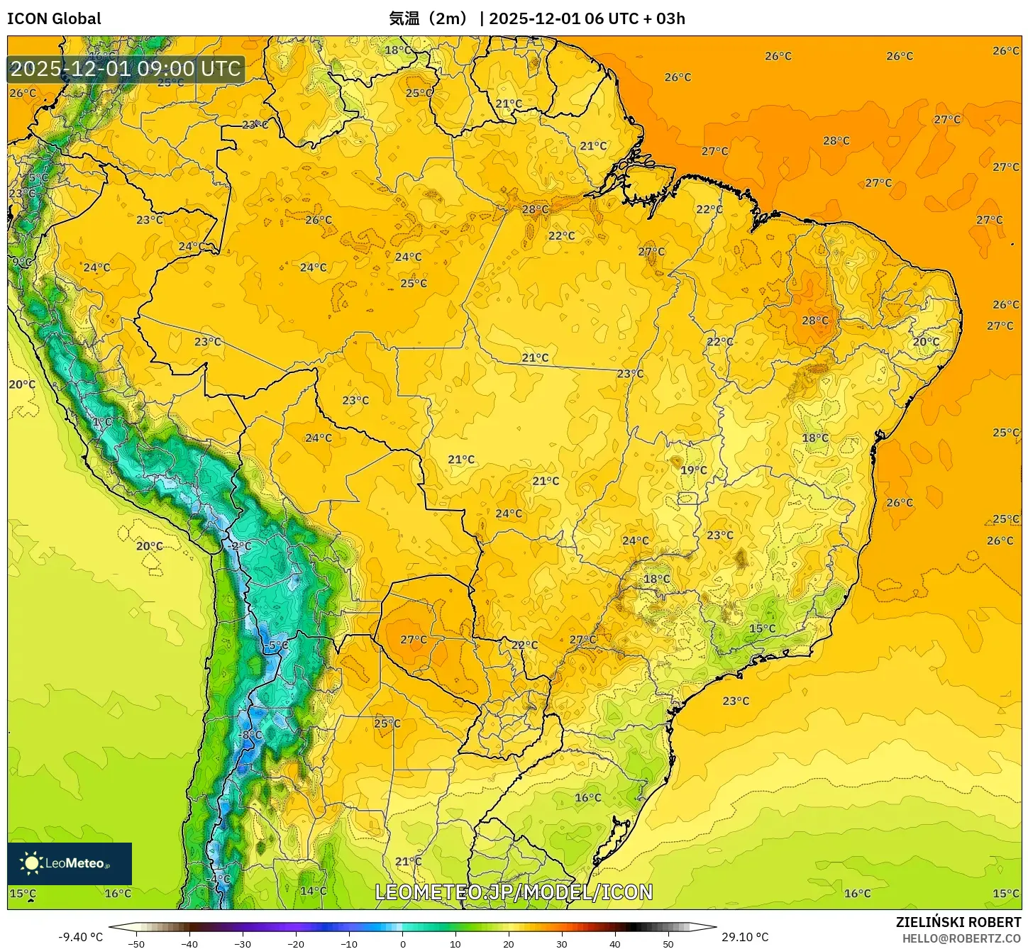 ICON model - ブラジル, 気温（2m）