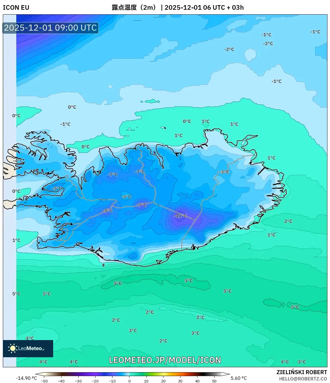 ICON model - アイスランド, 露点温度（2m）