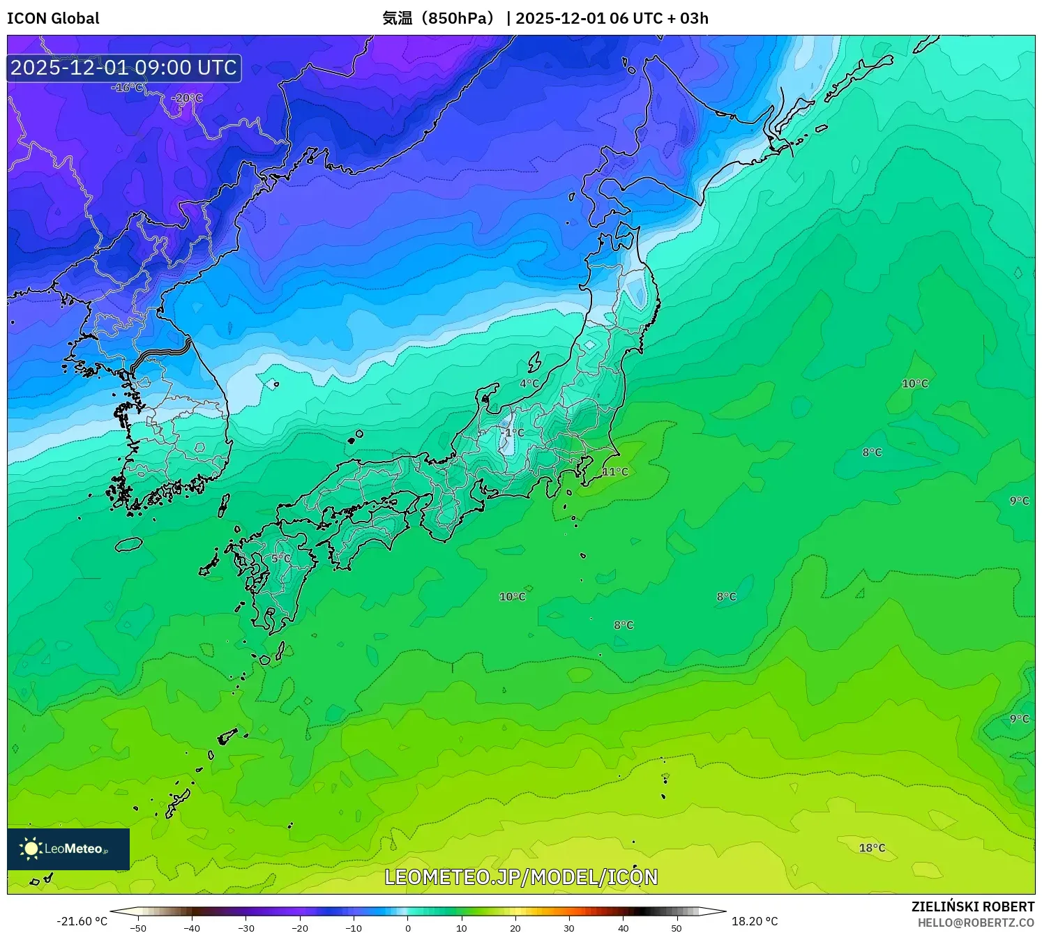 ICON model - 日本, 気温（850hPa）