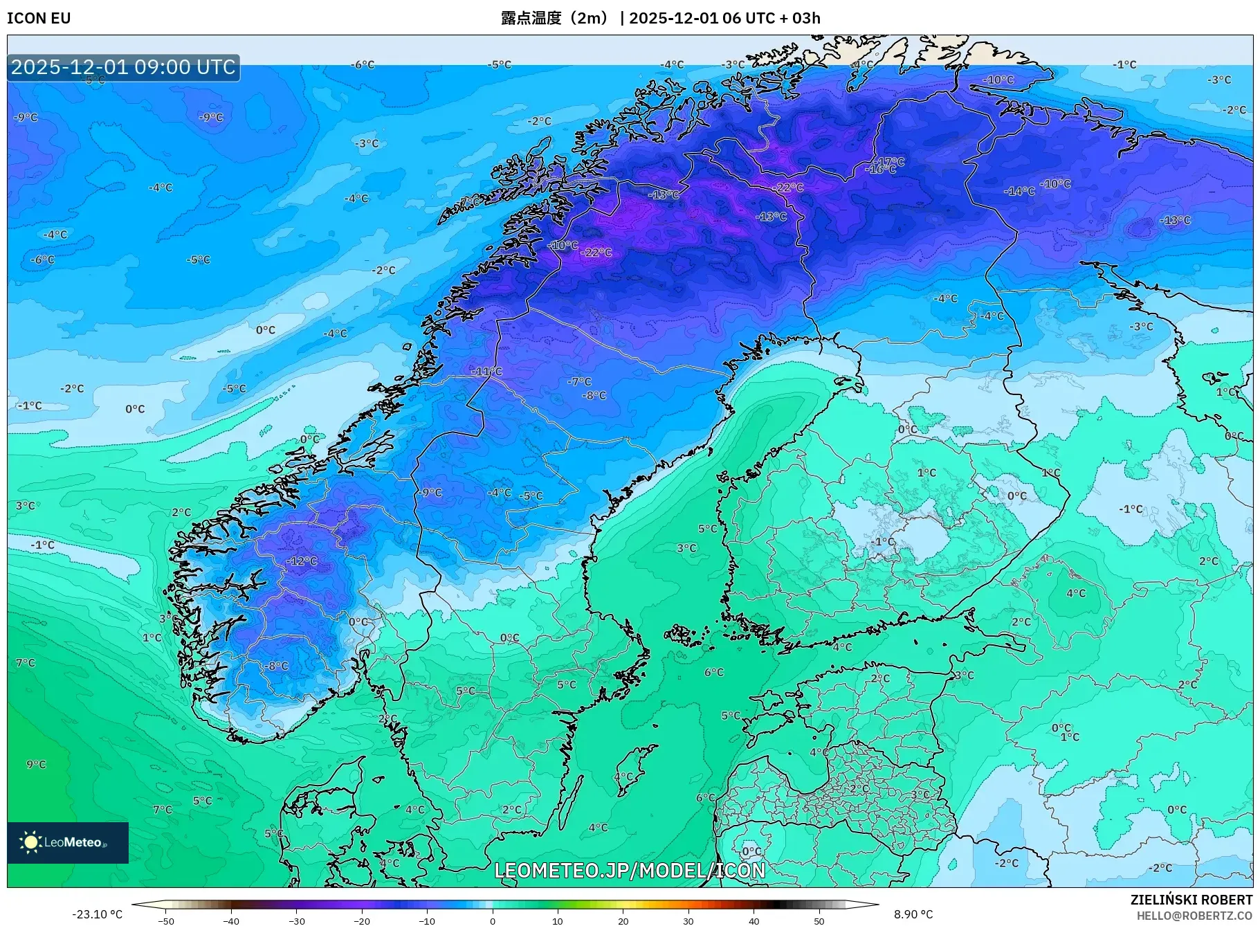 ICON model - スカンジナビア, 露点温度（2m）