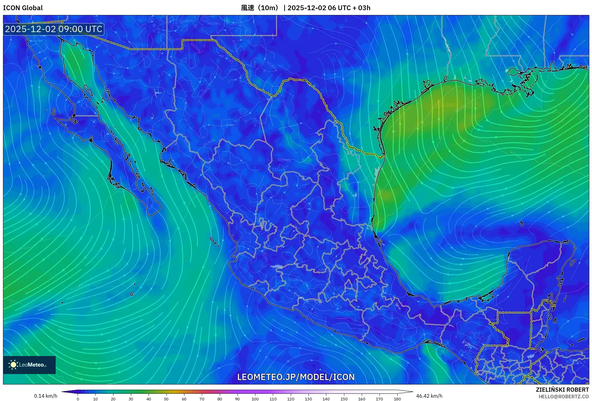 ICON model - メキシコ, 風速（10m）
