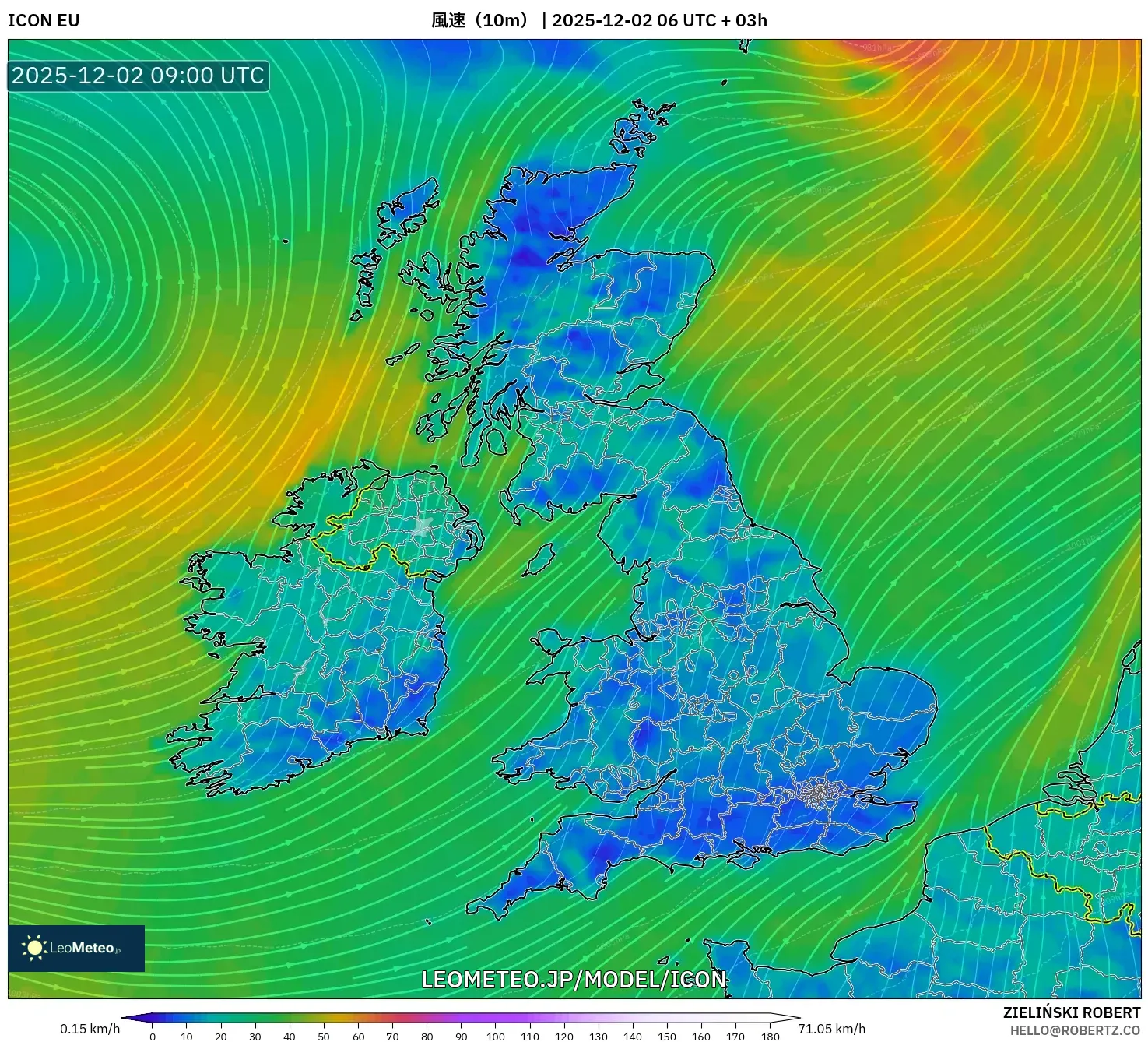 ICON model - イギリス, 風速（10m）