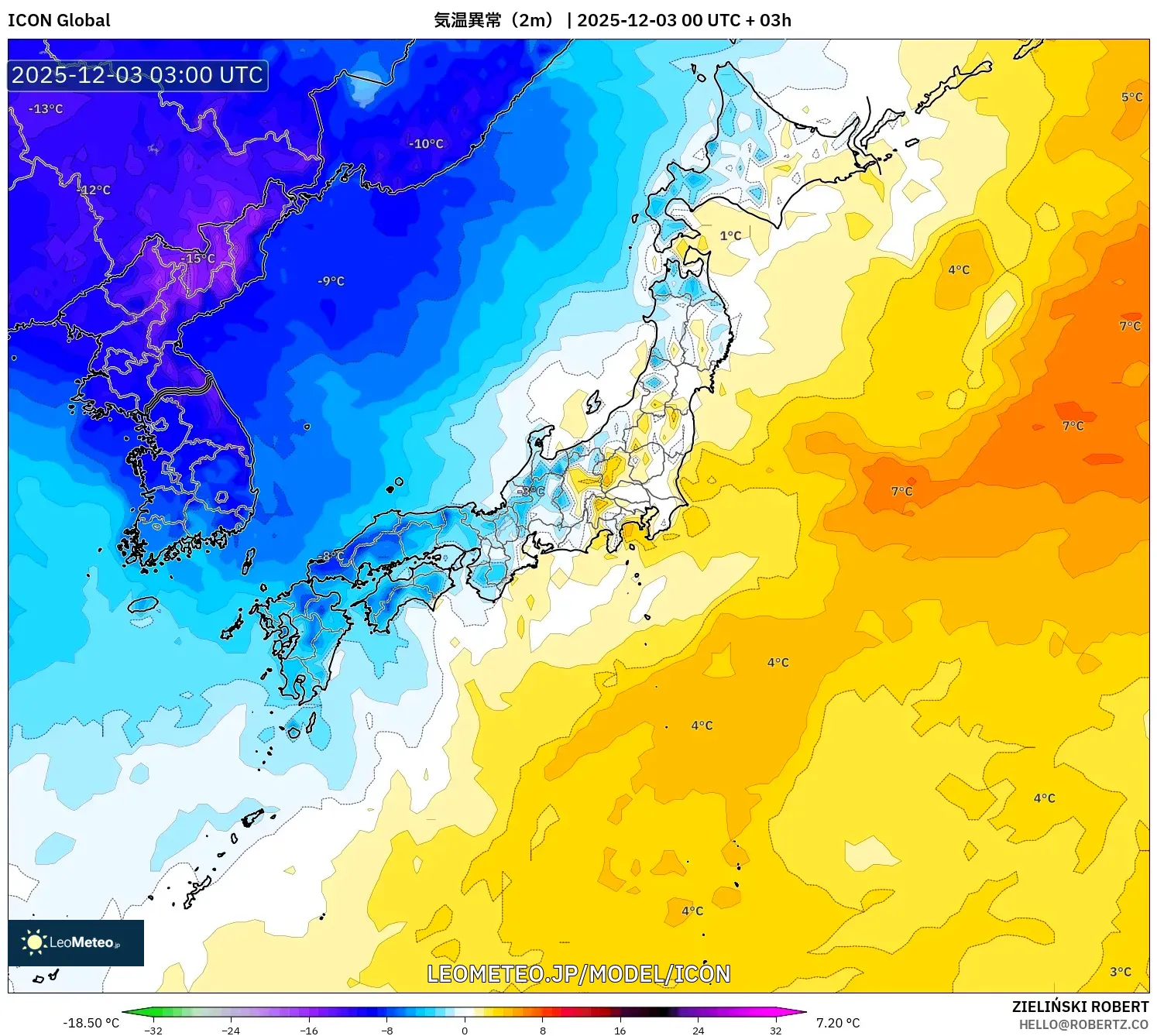 ICON model - 日本, 気温異常（2m）