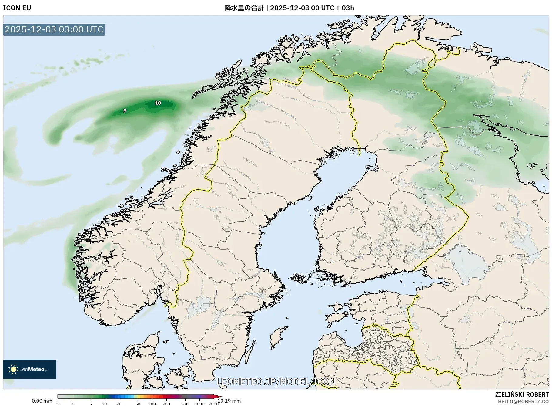 ICON model - スカンジナビア, 降水量の合計