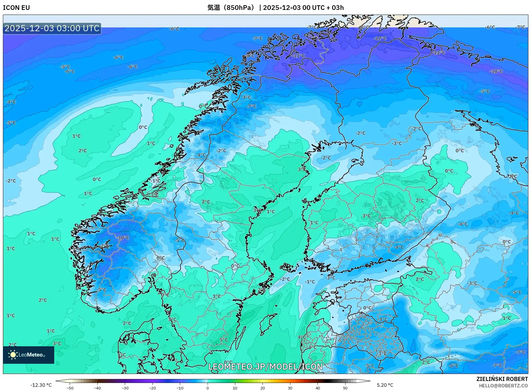 ICON model - スカンジナビア, 気温（850hPa）