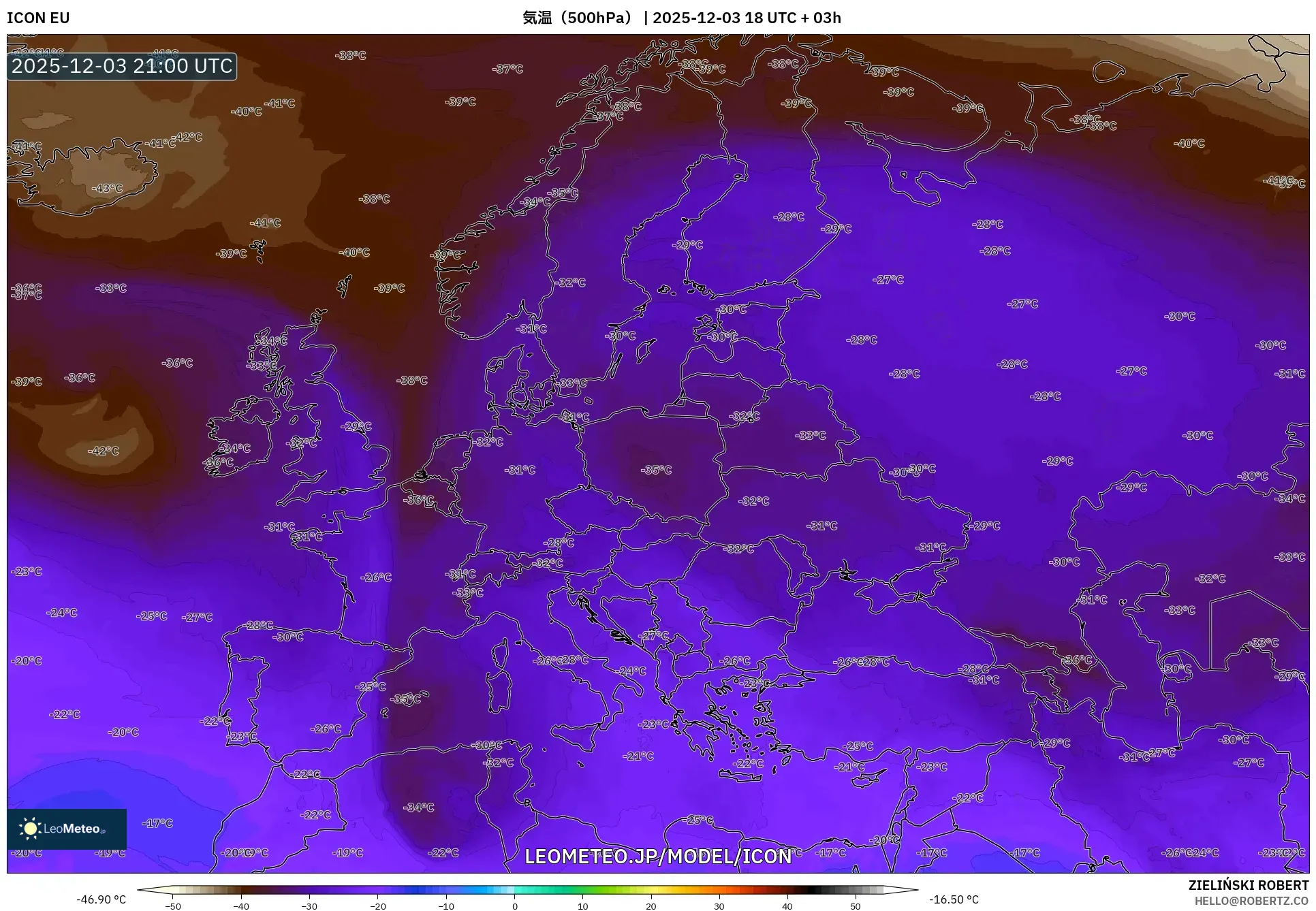 ICON model - ヨーロッパ, 気温（500hPa）