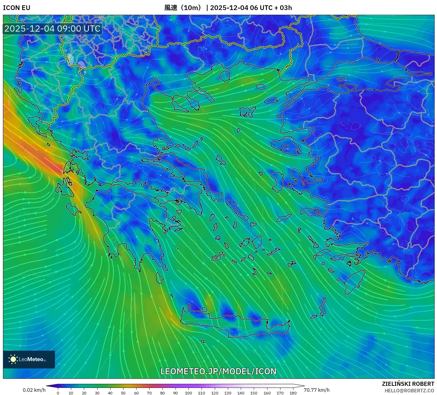ICON model - ギリシャ, 風速（10m）