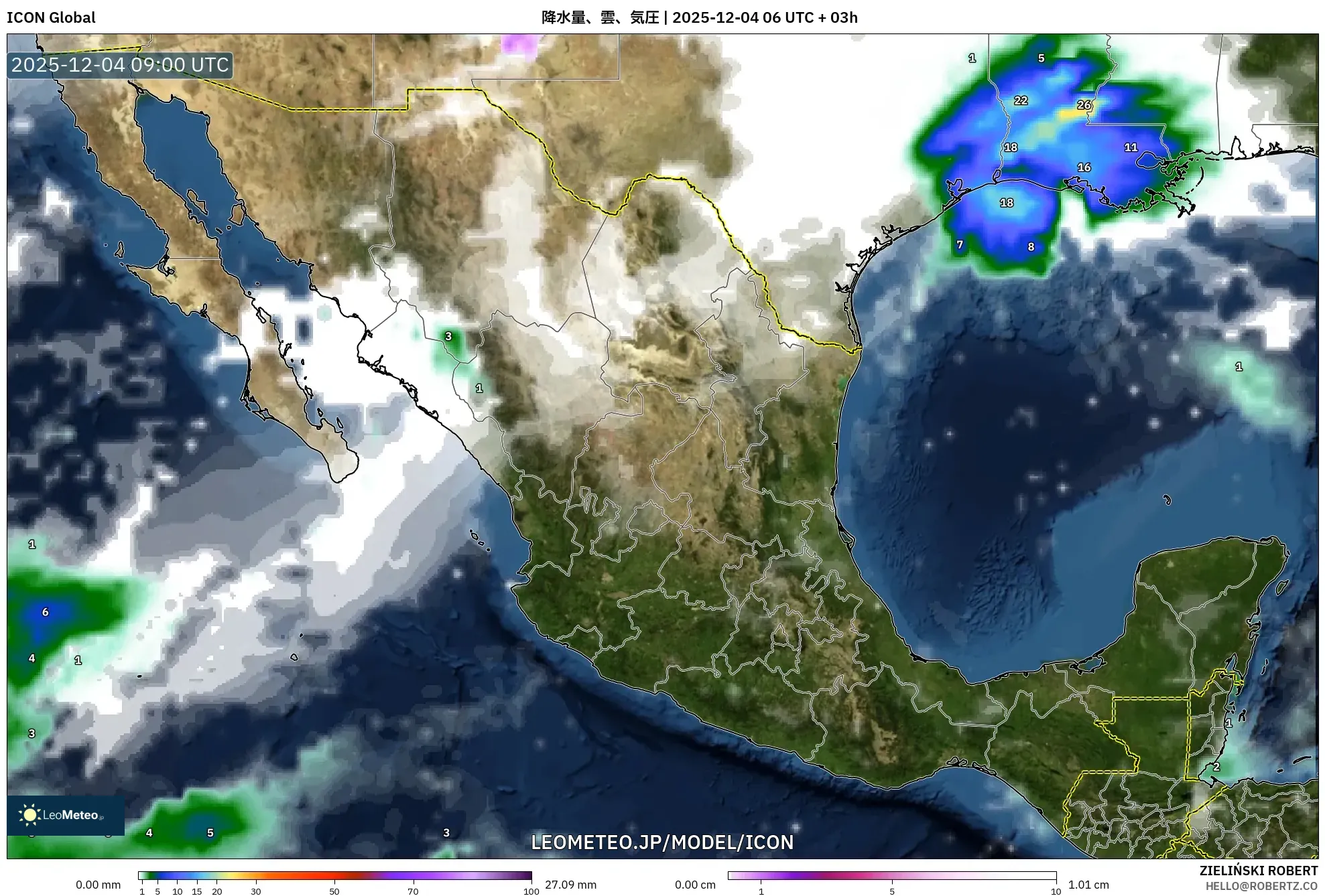 ICON model - メキシコ, 降水量、雲、気圧