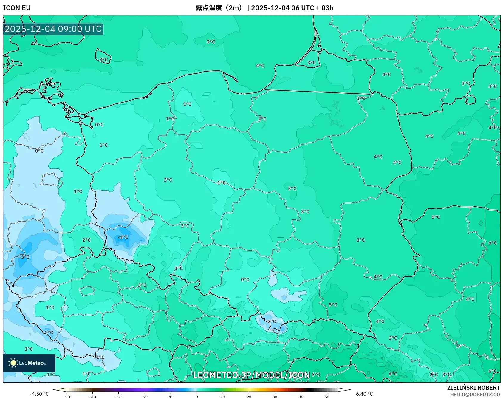 ICON model - ポーランド, 露点温度（2m）