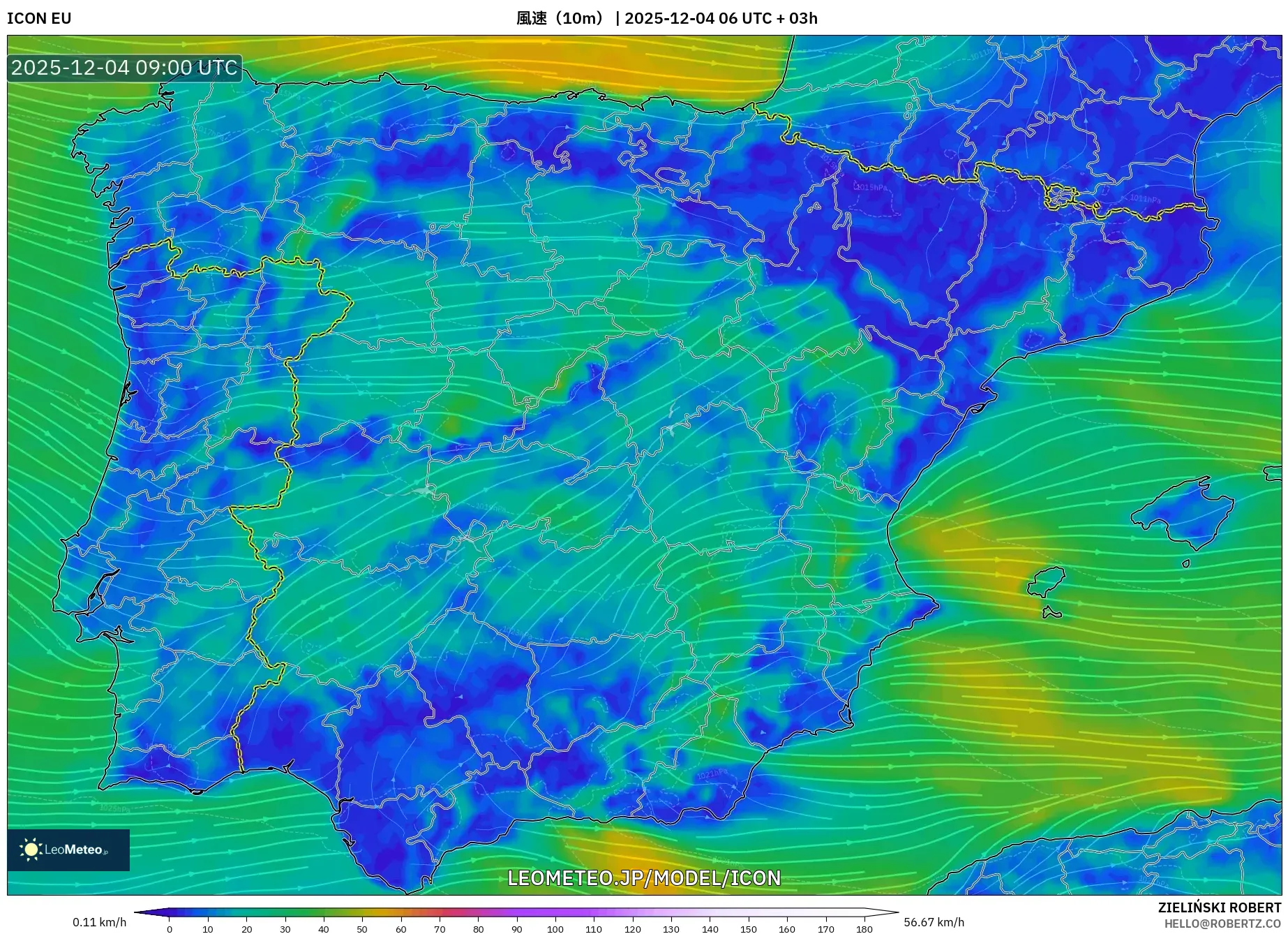 ICON model - スペイン, 風速（10m）