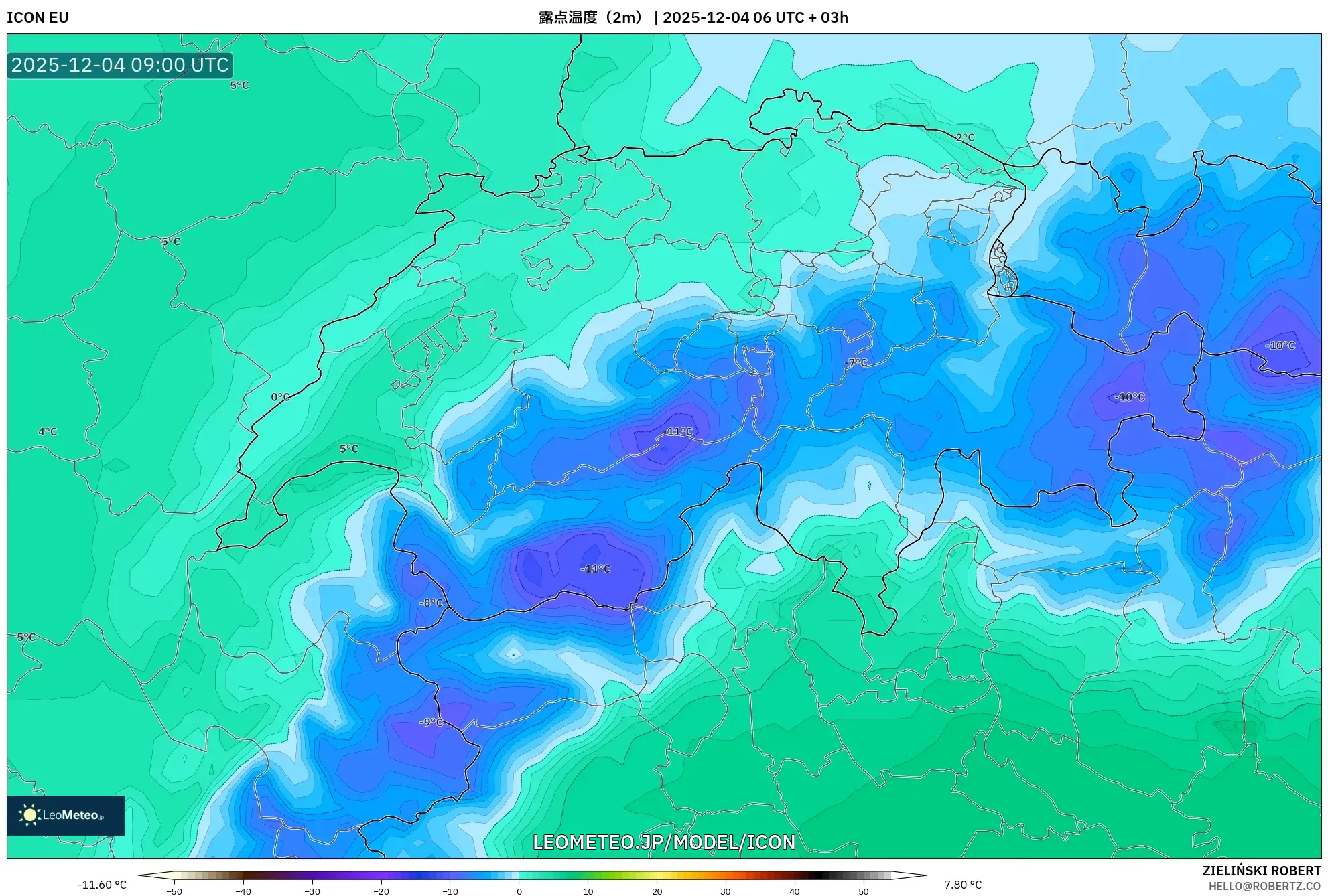 ICON model - スイス, 露点温度（2m）