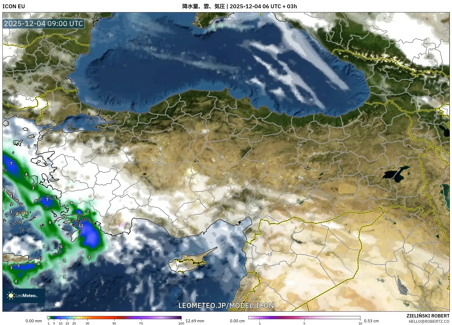 ICON model - トルコ, 降水量、雲、気圧