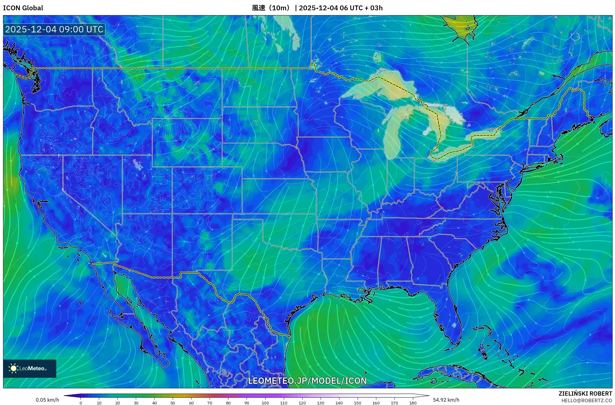 ICON model - アメリカ合衆国, 風速（10m）