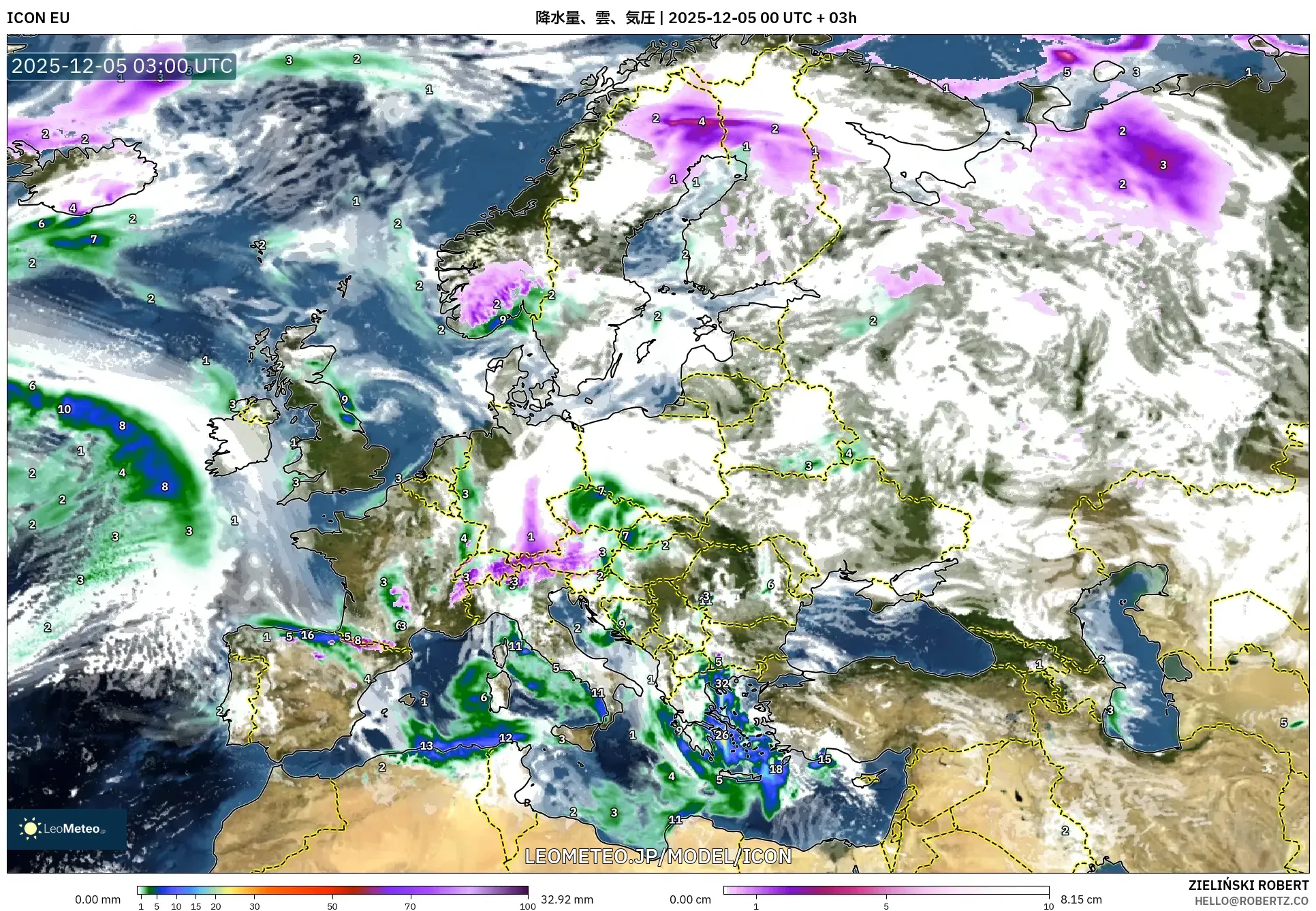 ICON model - ヨーロッパ, 降水量、雲、気圧