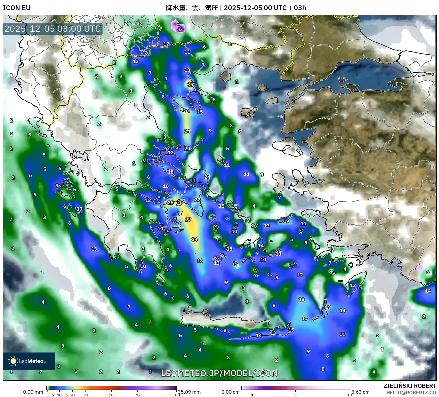 ICON model - ギリシャ, 降水量、雲、気圧