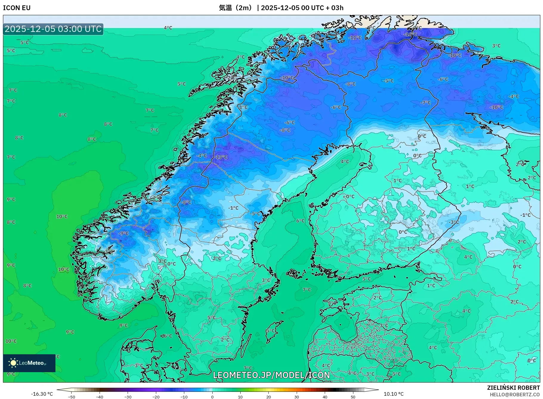 ICON model - スカンジナビア, 気温（2m）