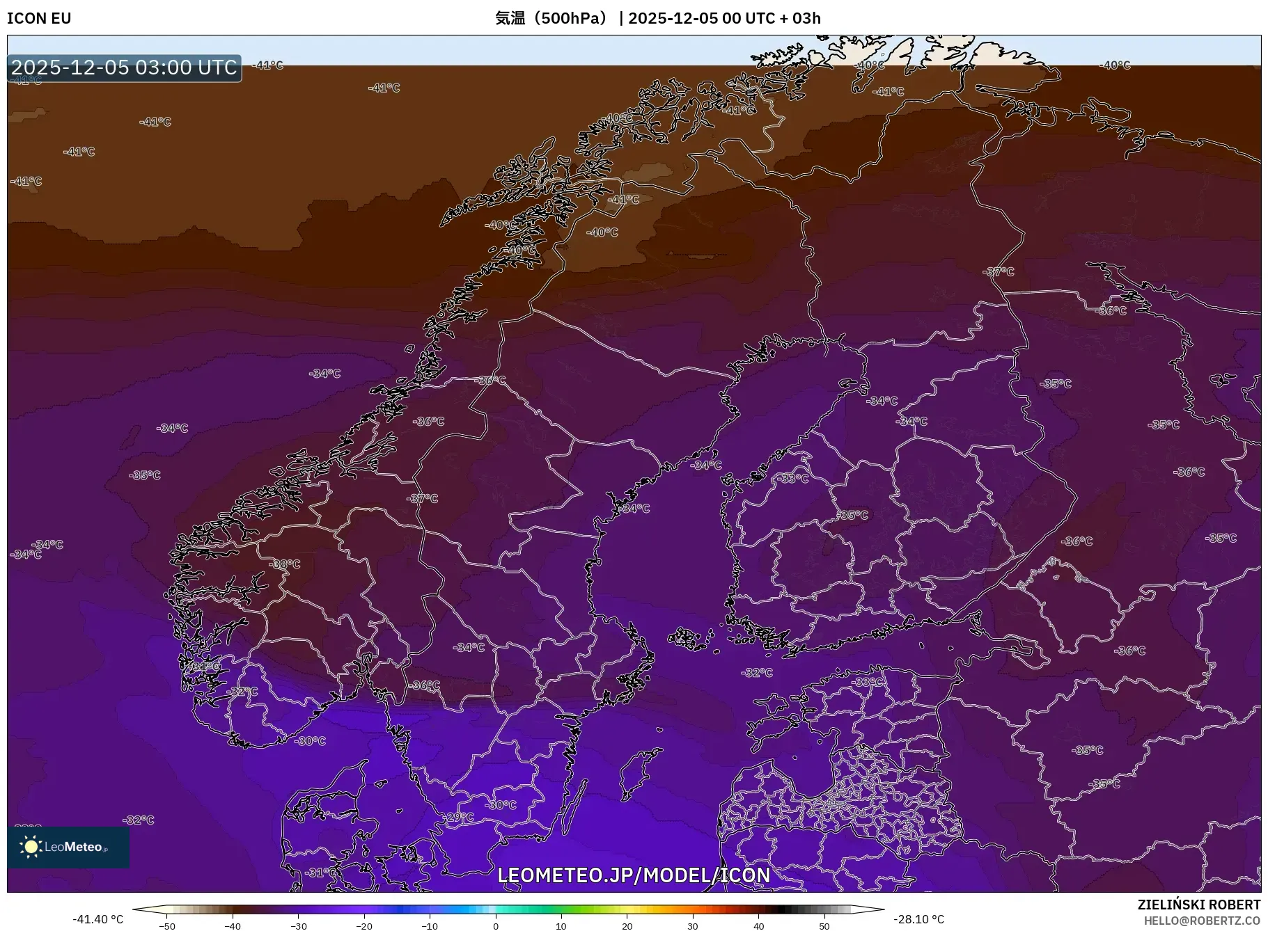 ICON model - スカンジナビア, 気温（500hPa）