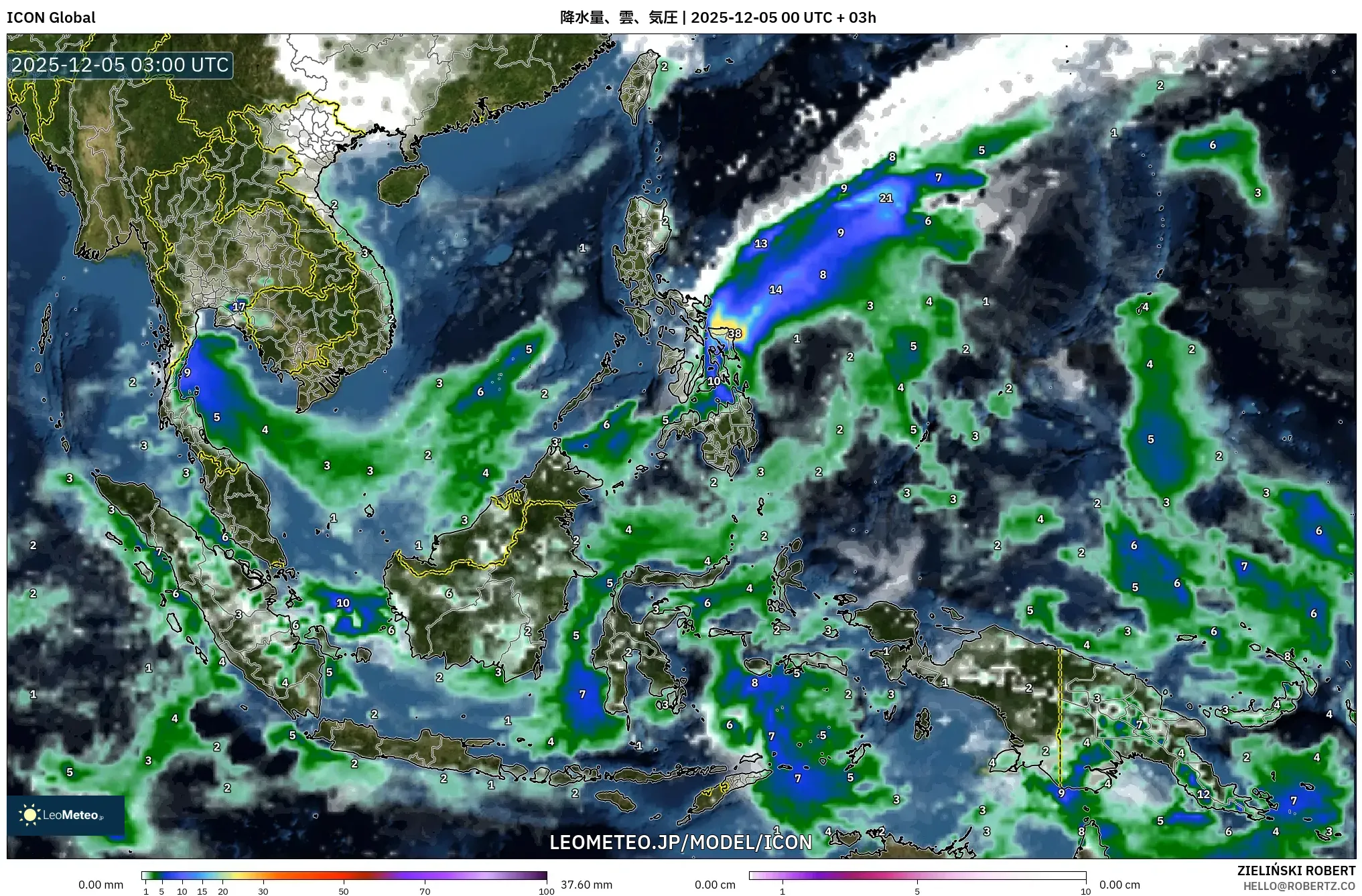 ICON model - 東南アジア, 降水量、雲、気圧