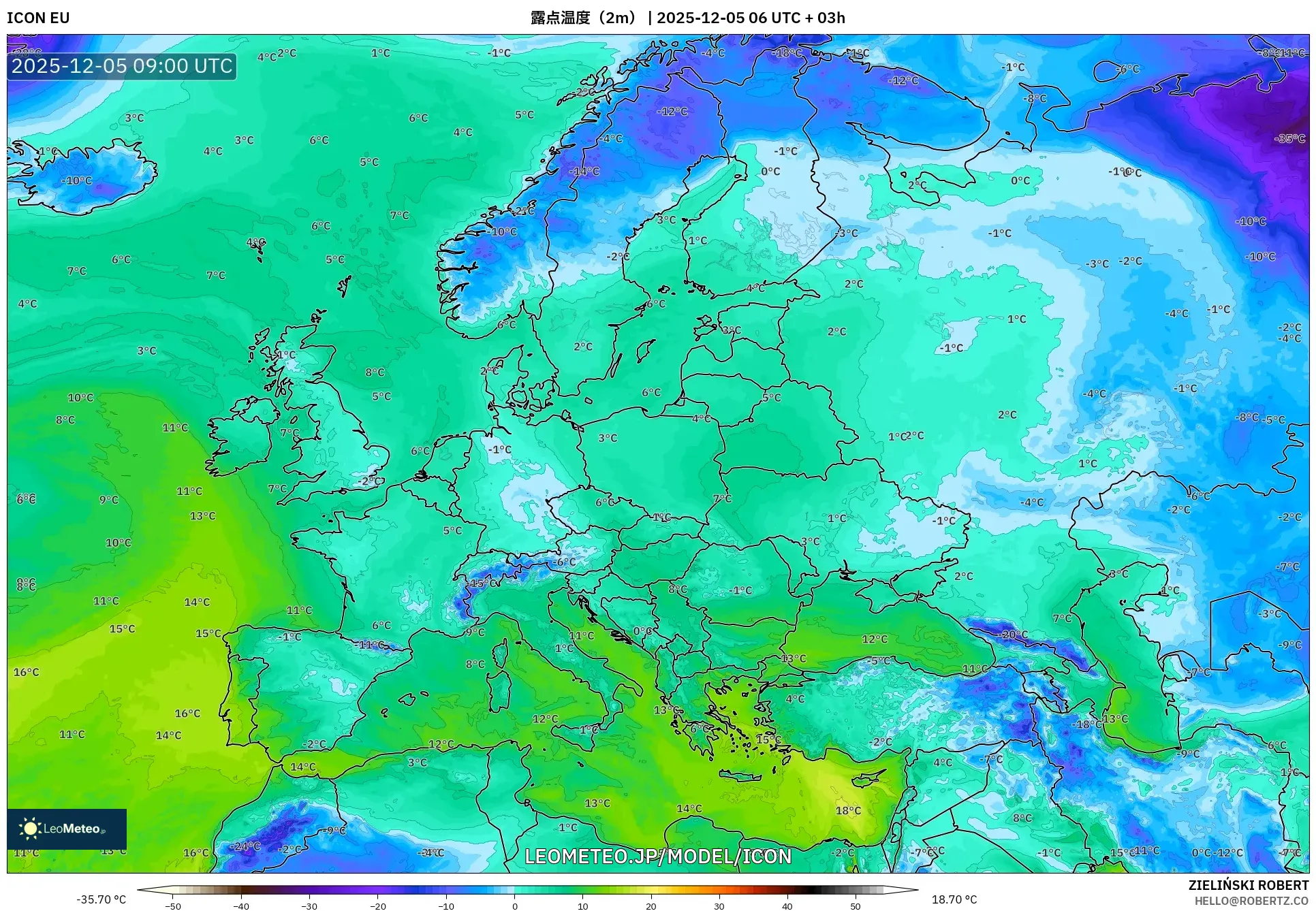 ICON model - ヨーロッパ, 露点温度（2m）
