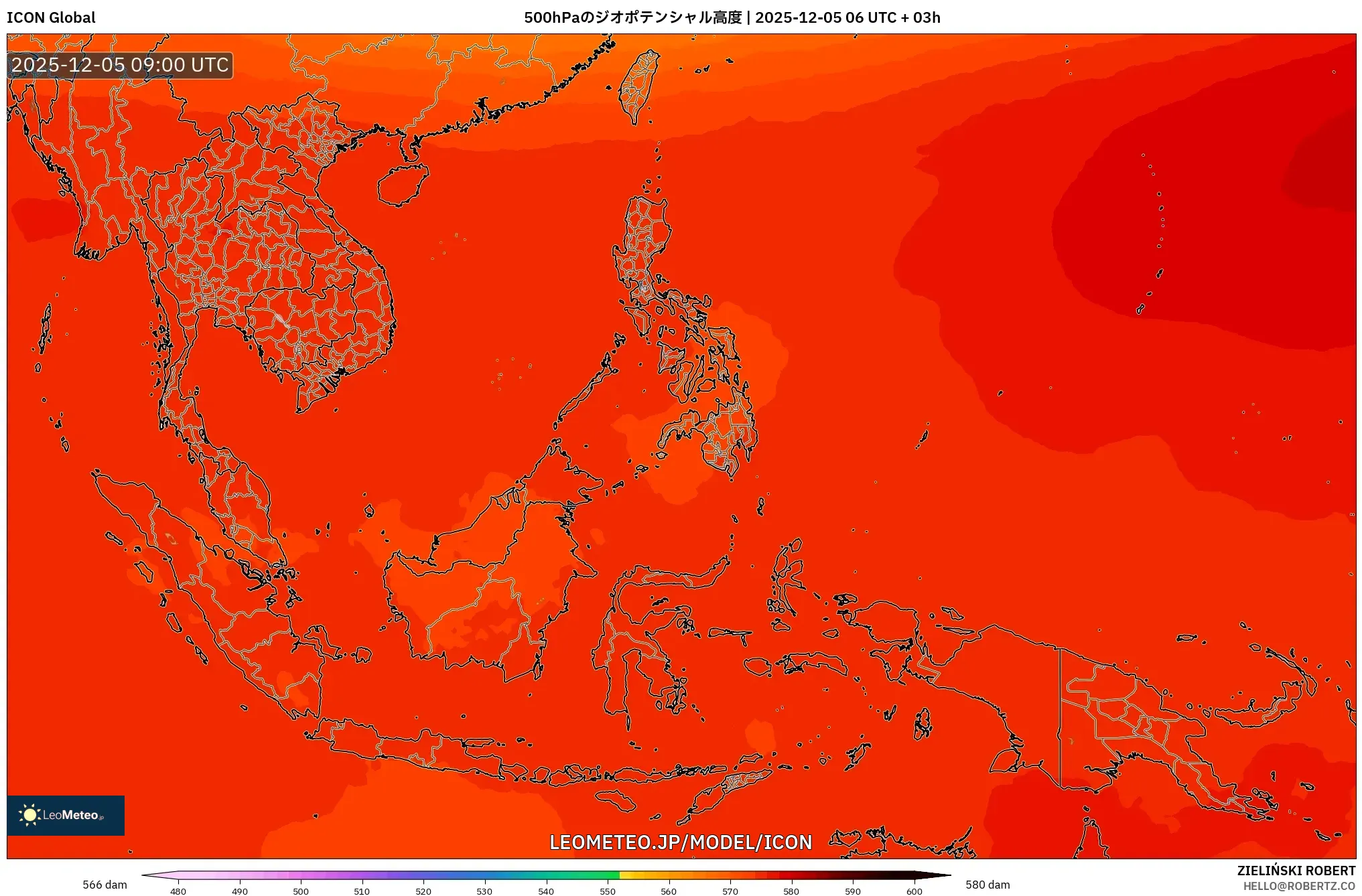 ICON model - 東南アジア, 500hPaのジオポテンシャル高度