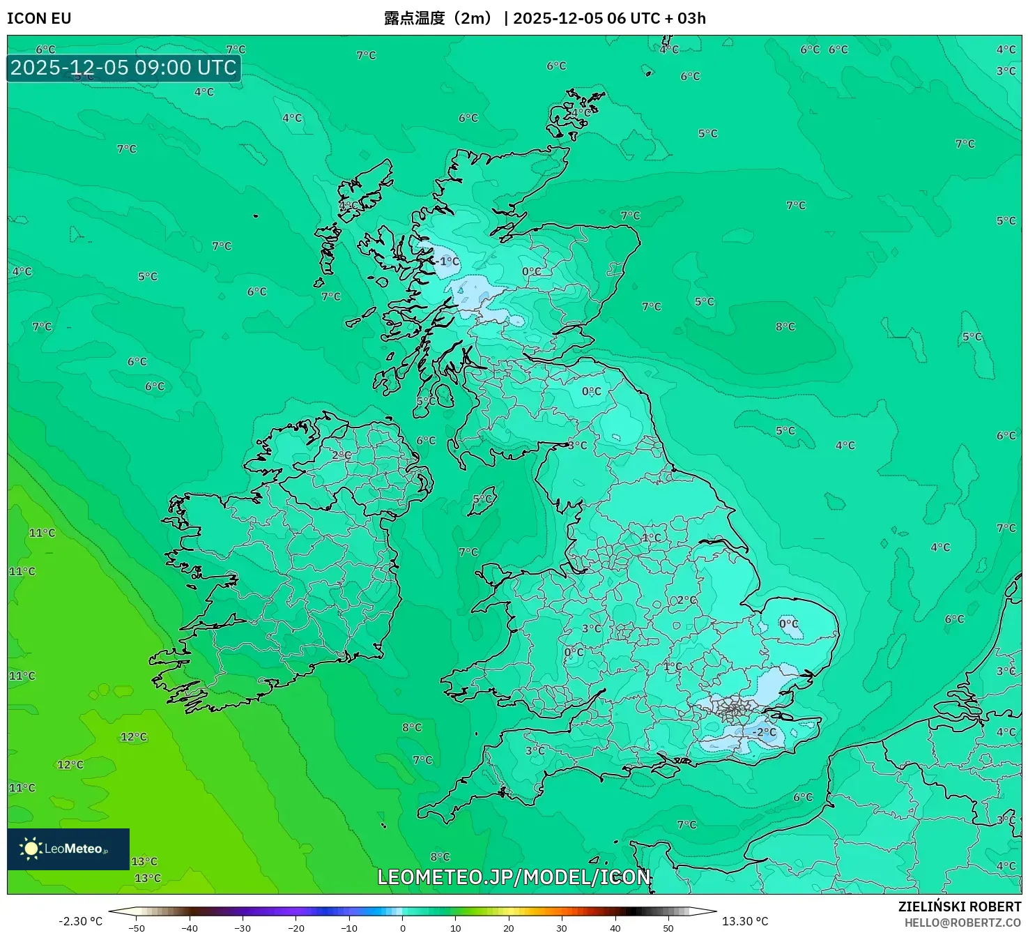 ICON model - イギリス, 露点温度（2m）