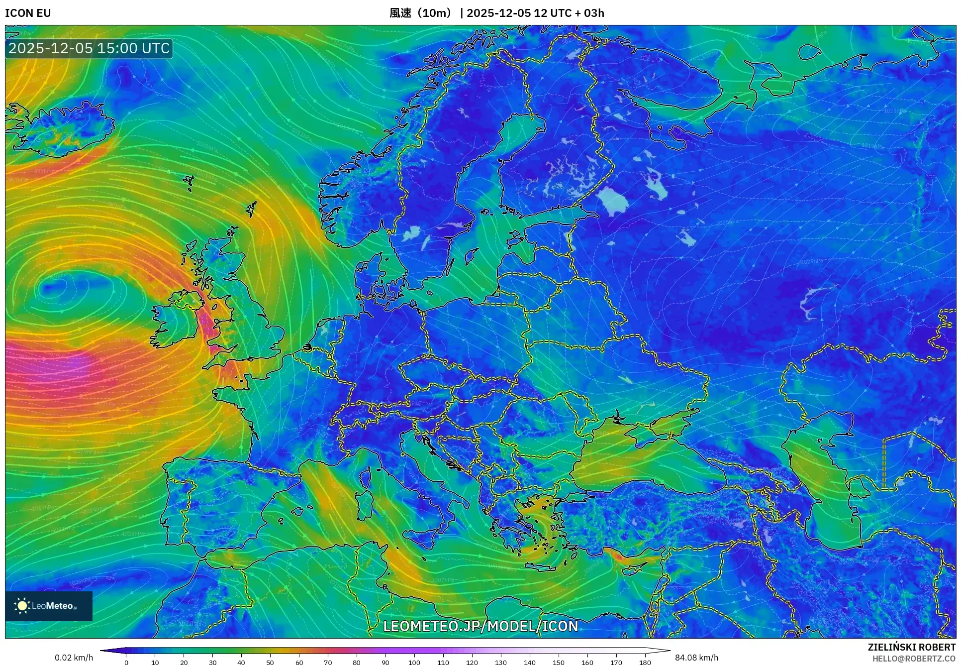 ICON model - ヨーロッパ, 風速（10m）