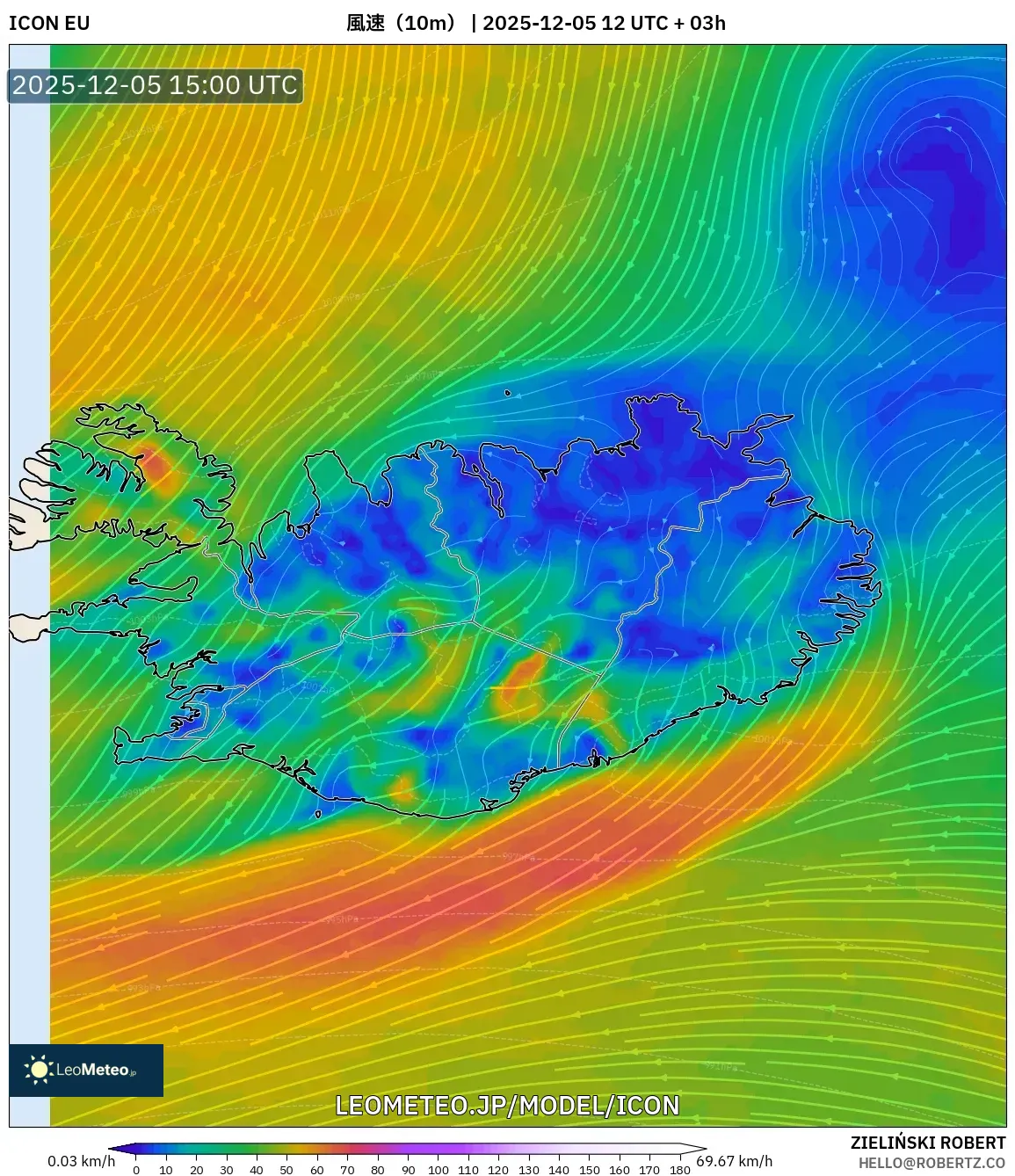 ICON model - アイスランド, 風速（10m）