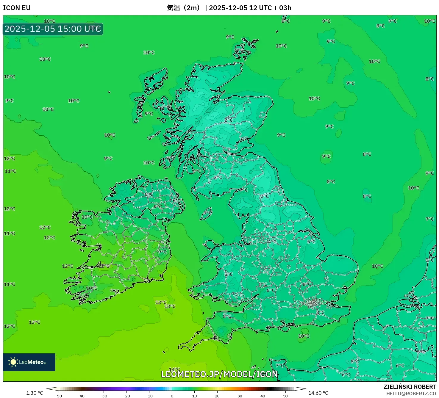 ICON model - イギリス, 気温（2m）