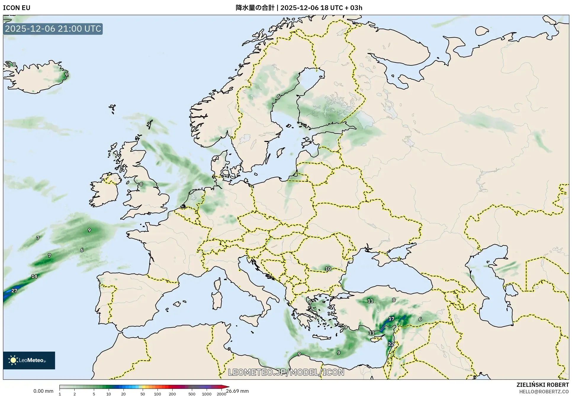ICON model - ヨーロッパ, 降水量の合計