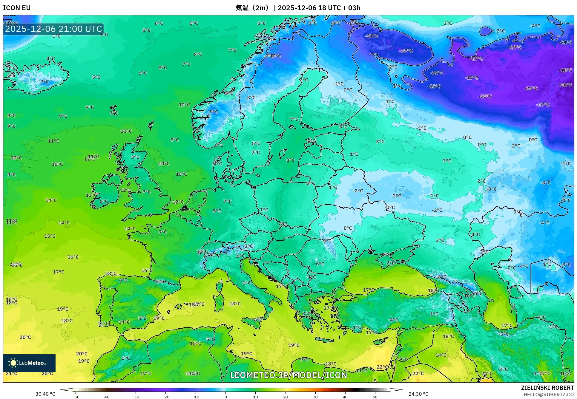 ICON model - ヨーロッパ, 気温（2m）