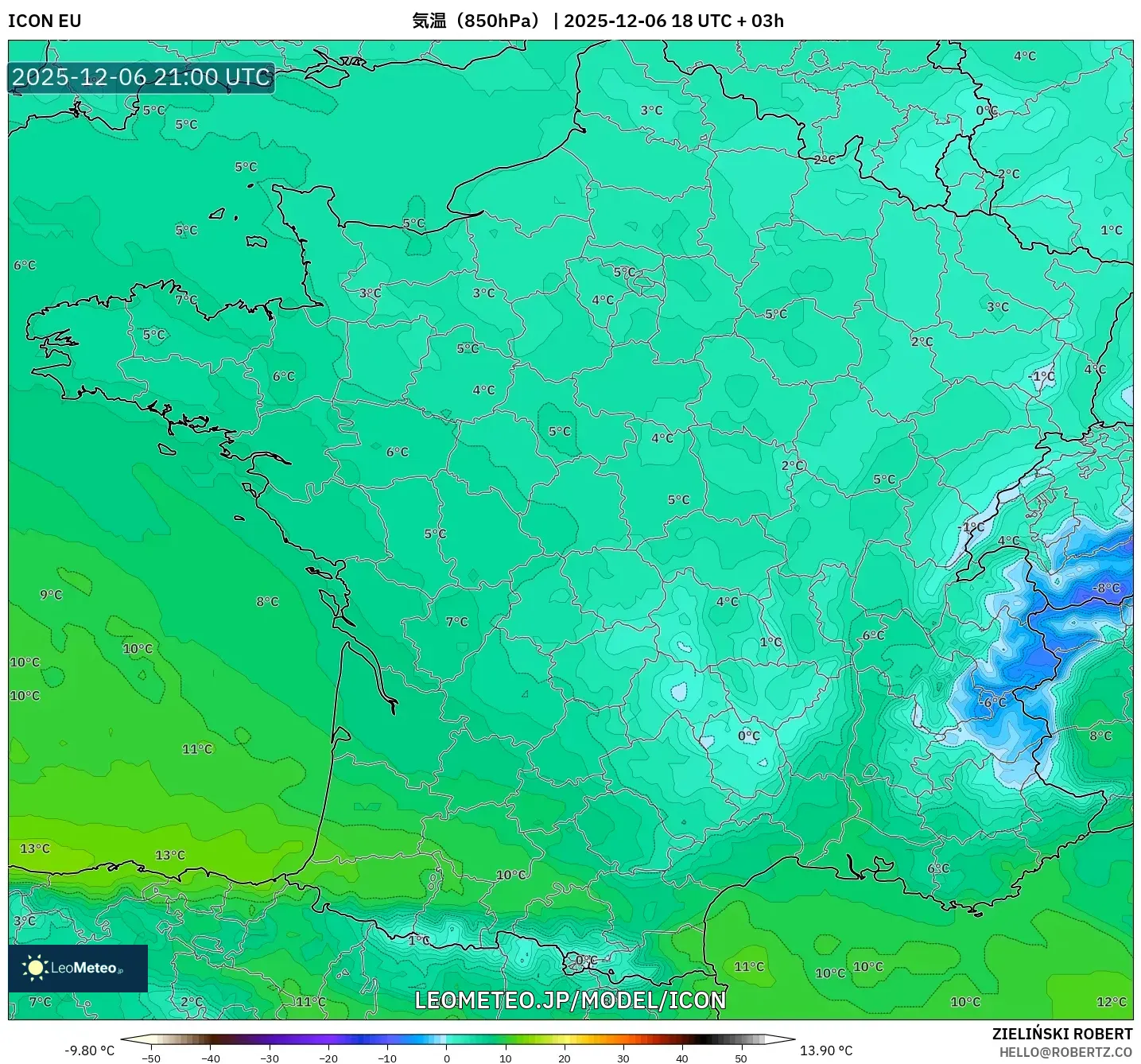 ICON model - フランス, 気温（850hPa）