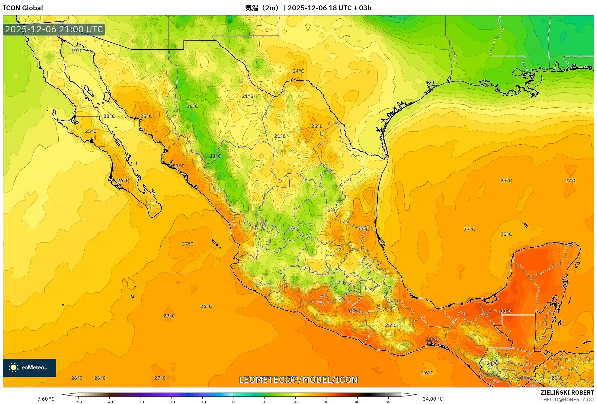 ICON model - メキシコ, 気温（2m）