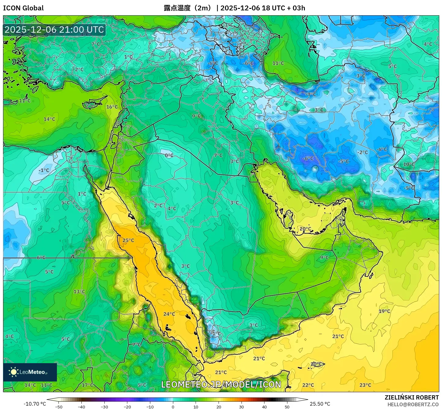 ICON model - 中東, 露点温度（2m）