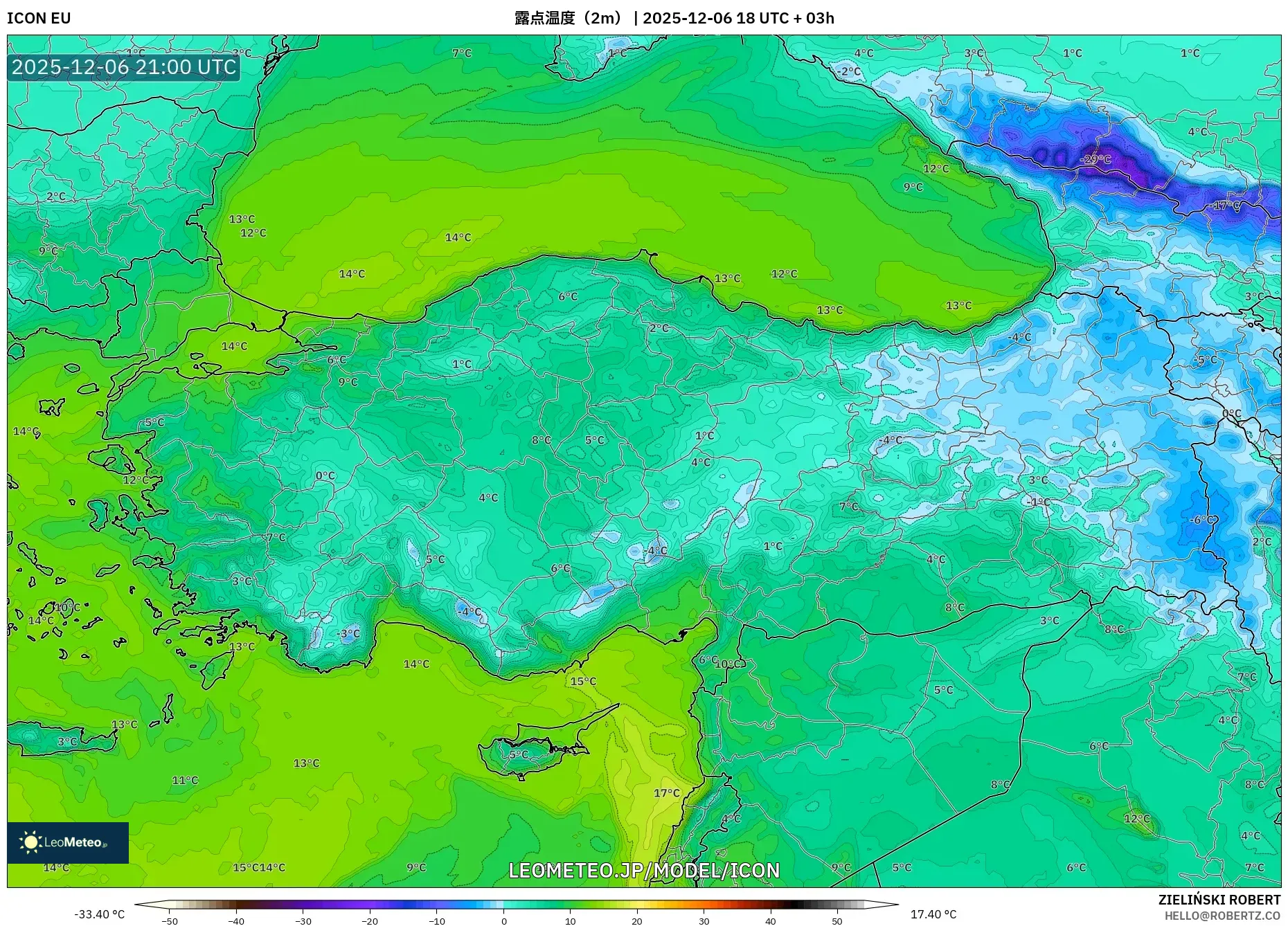 ICON model - トルコ, 露点温度（2m）