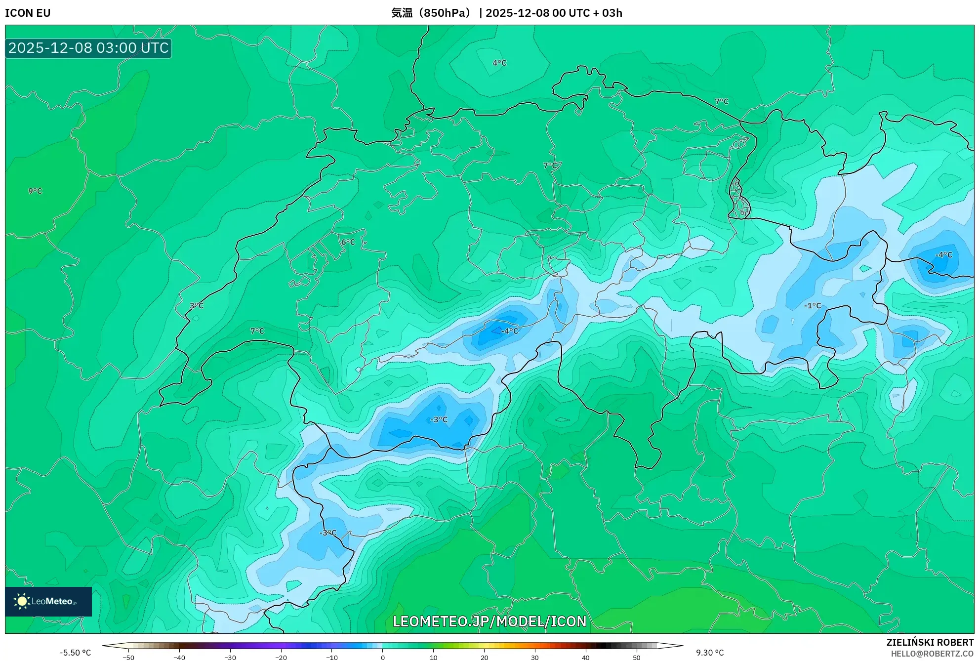 ICON model - スイス, 気温（850hPa）