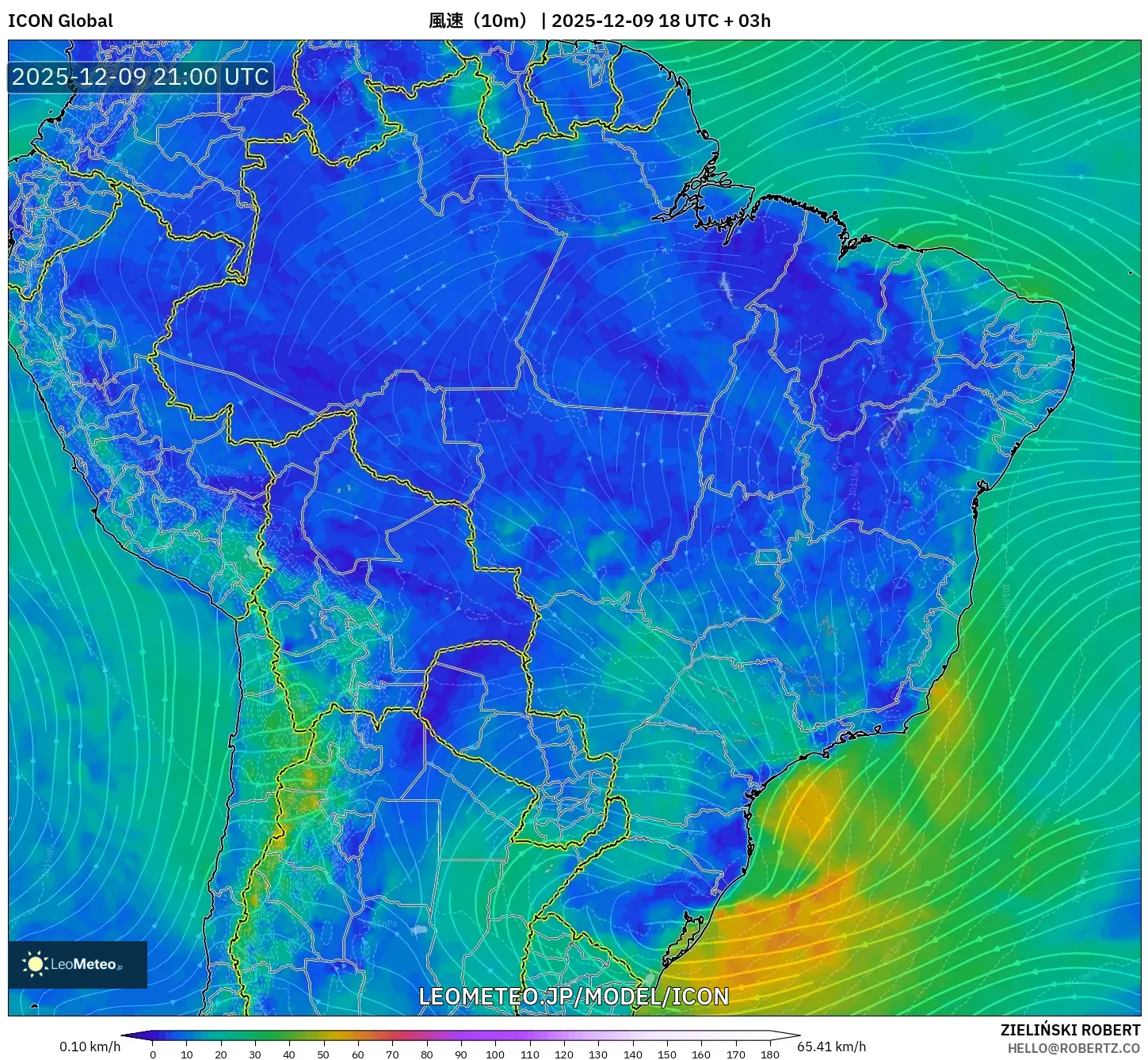 ICON model - ブラジル, 風速（10m）