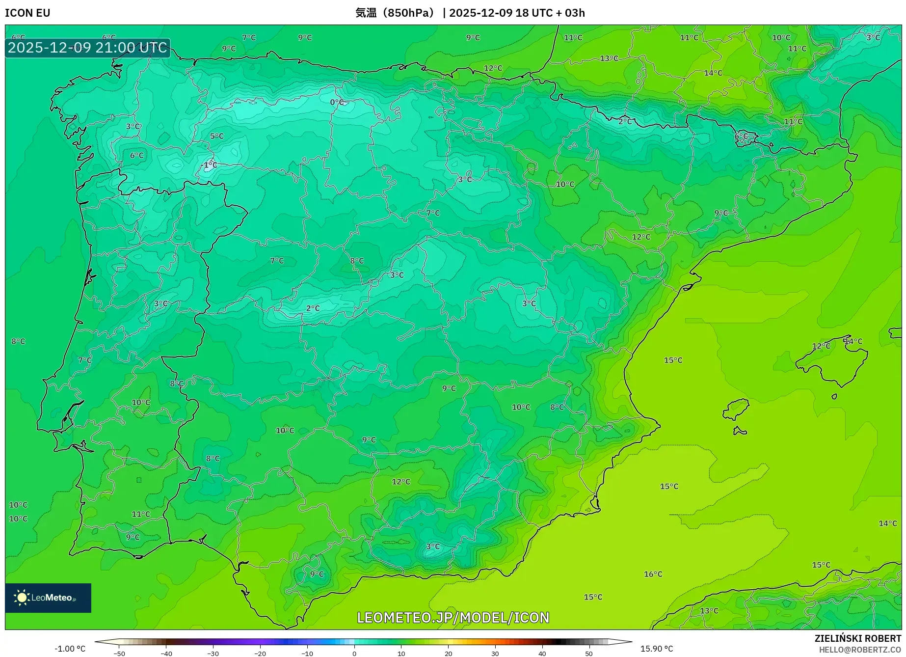 ICON model - スペイン, 気温（850hPa）