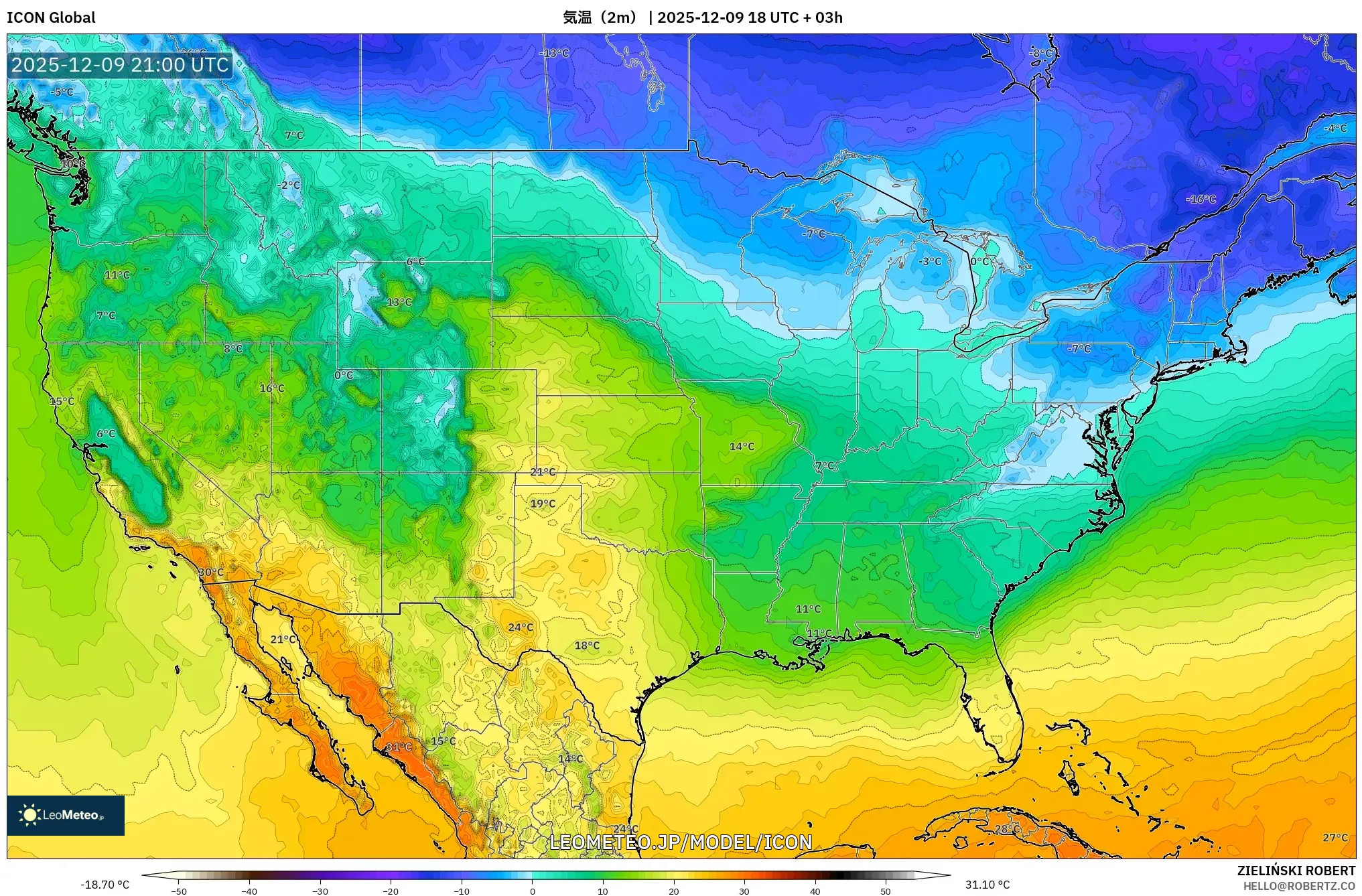 ICON model - アメリカ合衆国, 気温（2m）