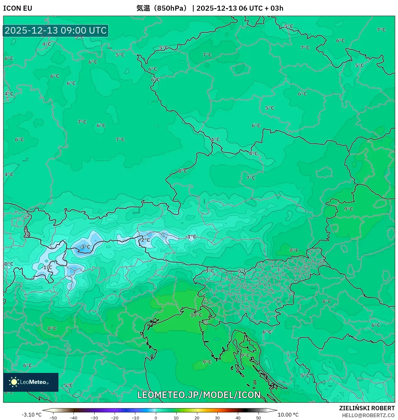 ICON model - オーストリア, 気温（850hPa）