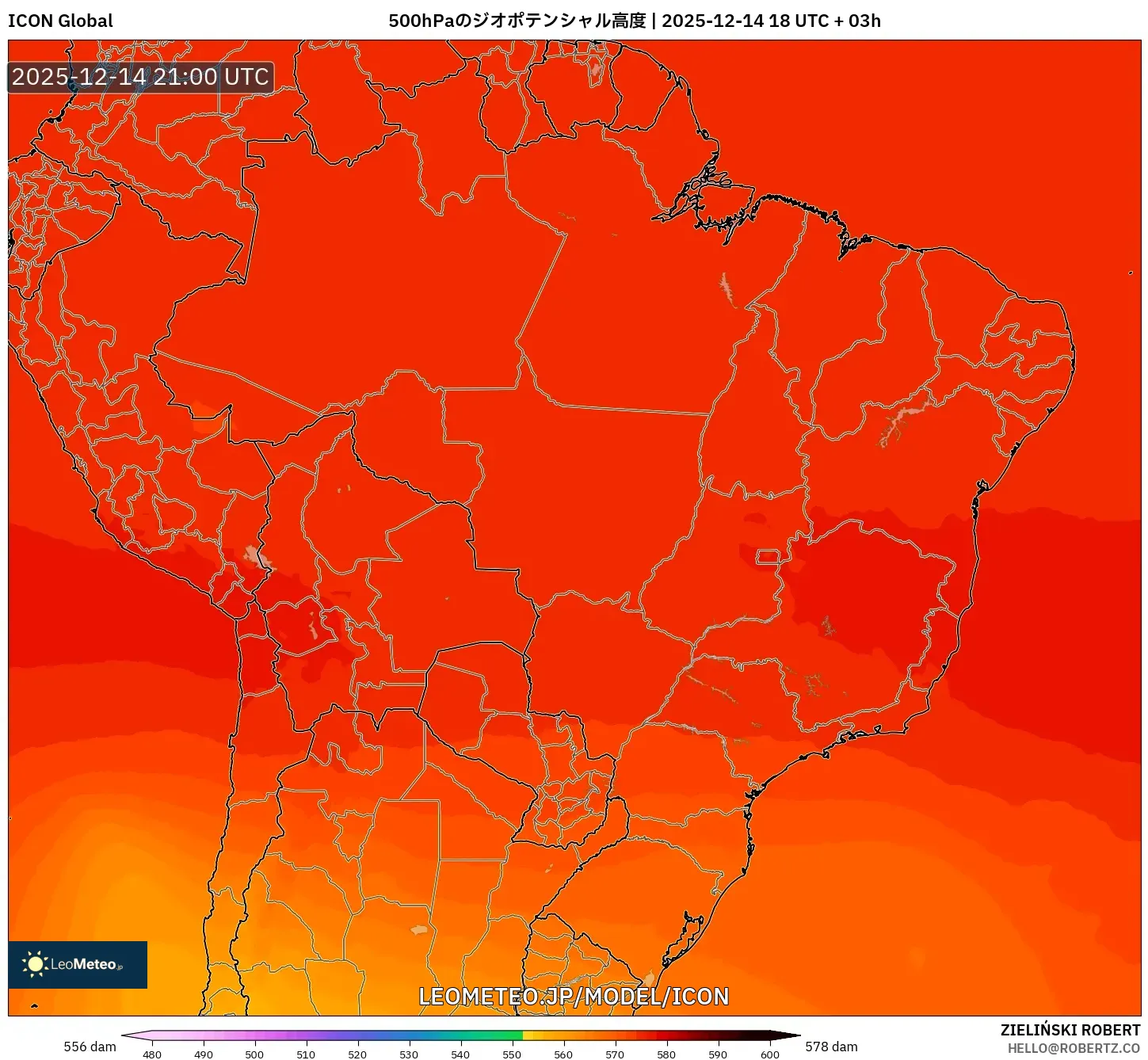 ICON model - ブラジル, 500hPaのジオポテンシャル高度