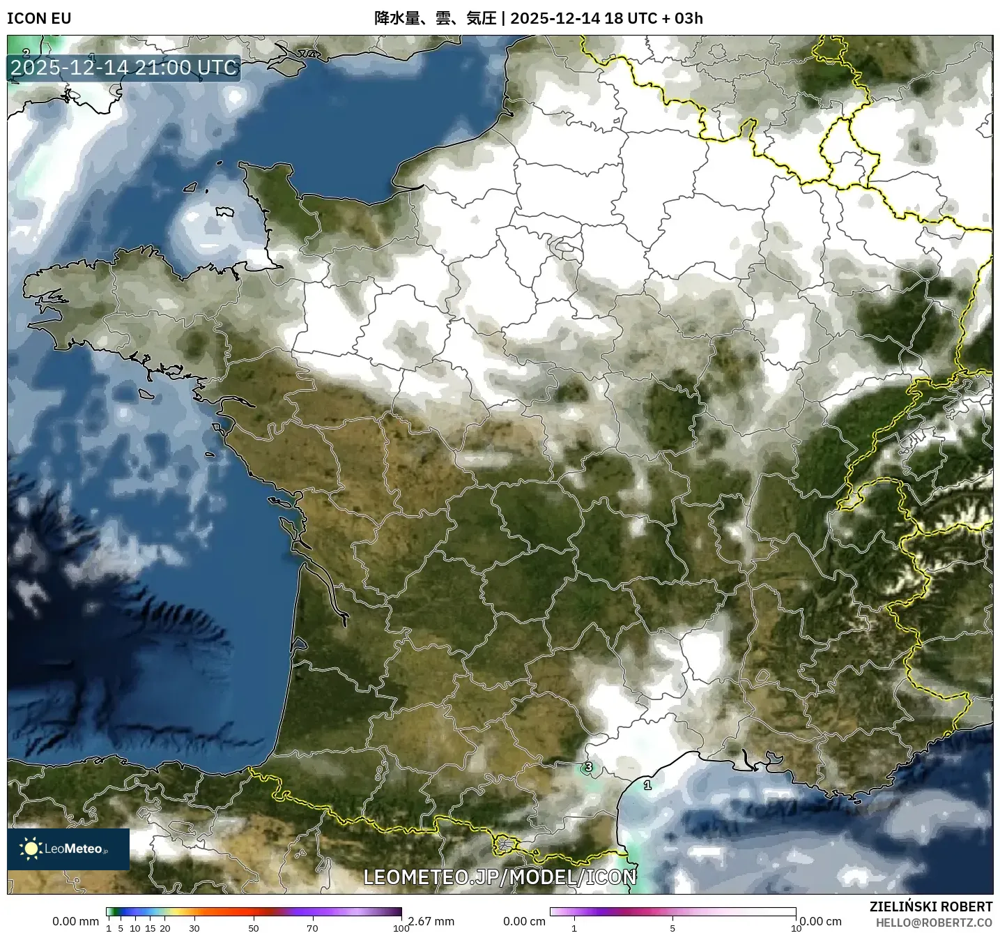 ICON model - フランス, 降水量、雲、気圧