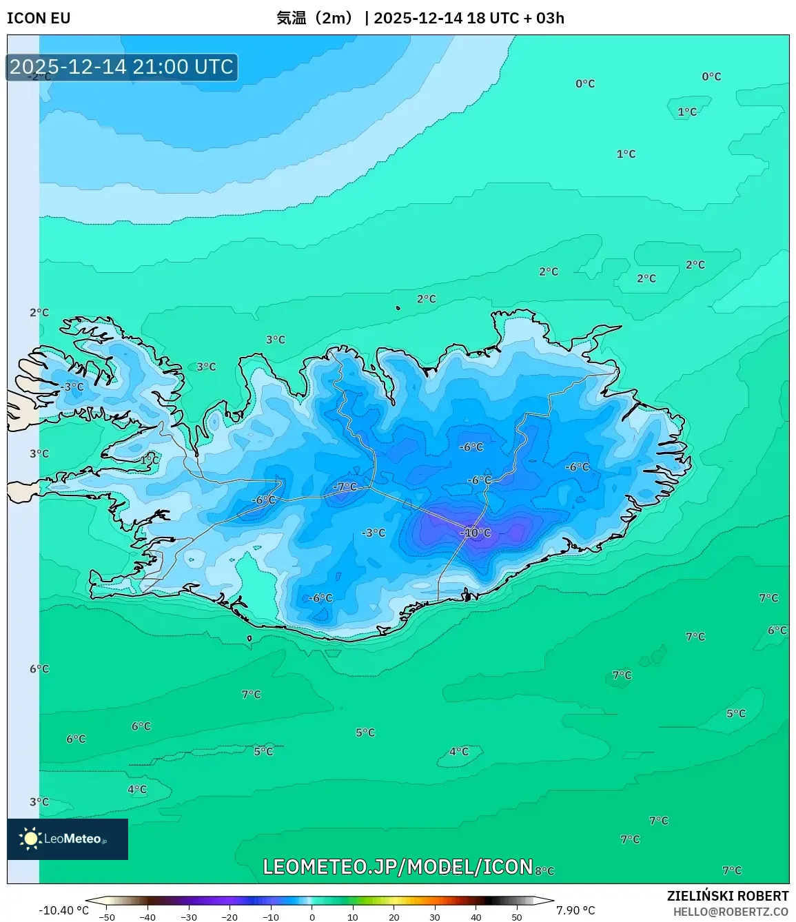 ICON model - アイスランド, 気温（2m）