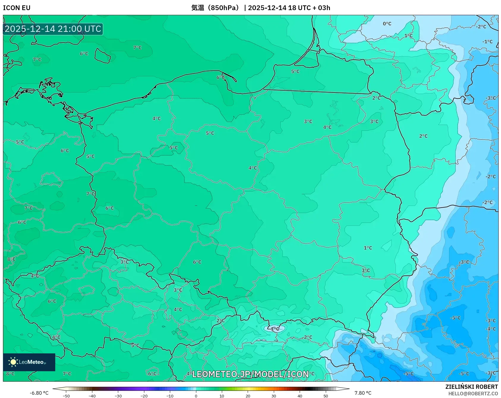 ICON model - ポーランド, 気温（850hPa）