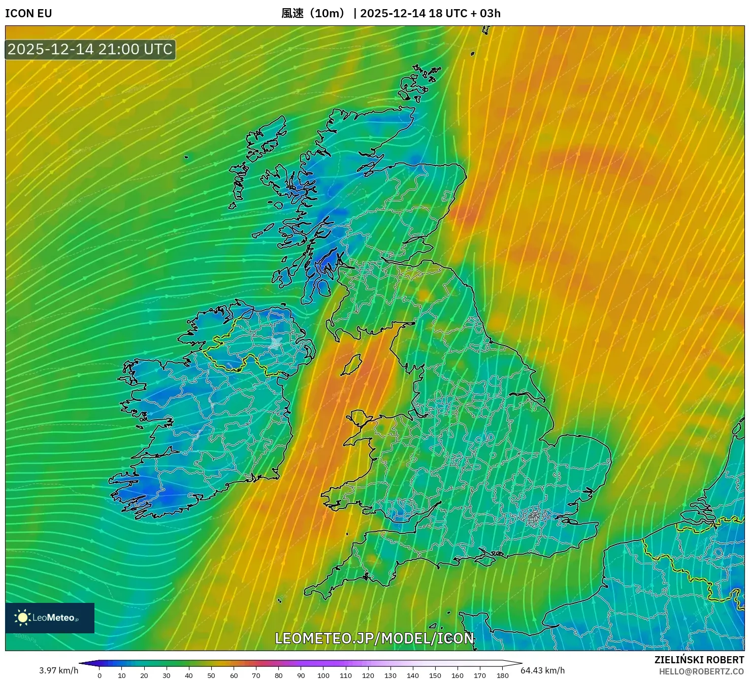 ICON model - イギリス, 風速（10m）